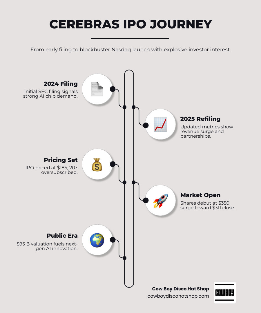 Cerebras IPO timeline infographic from 2024 filing withdrawal to 2026 Nasdaq launch and valuation infographic