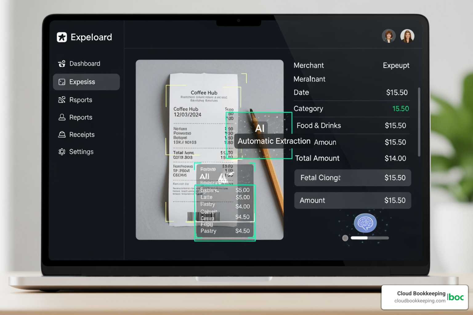 AI-powered expense categorization interface showing automatic label extraction