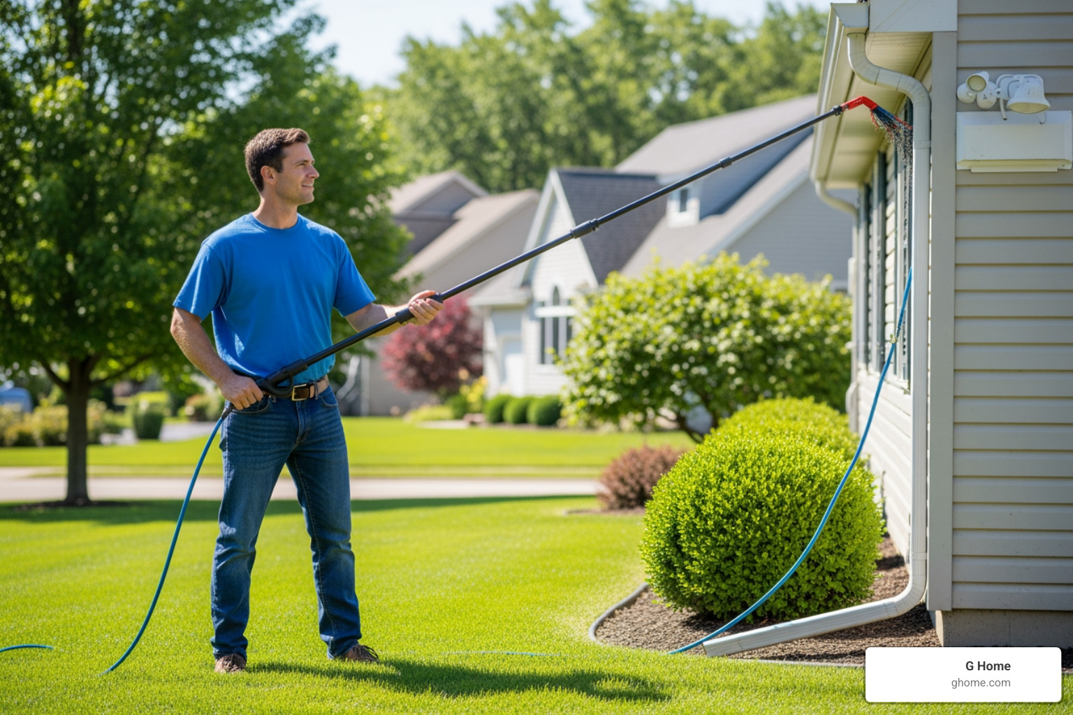 homeowner safely using a telescoping wand from the lawn homeowner safely using a telescoping wand from the lawn