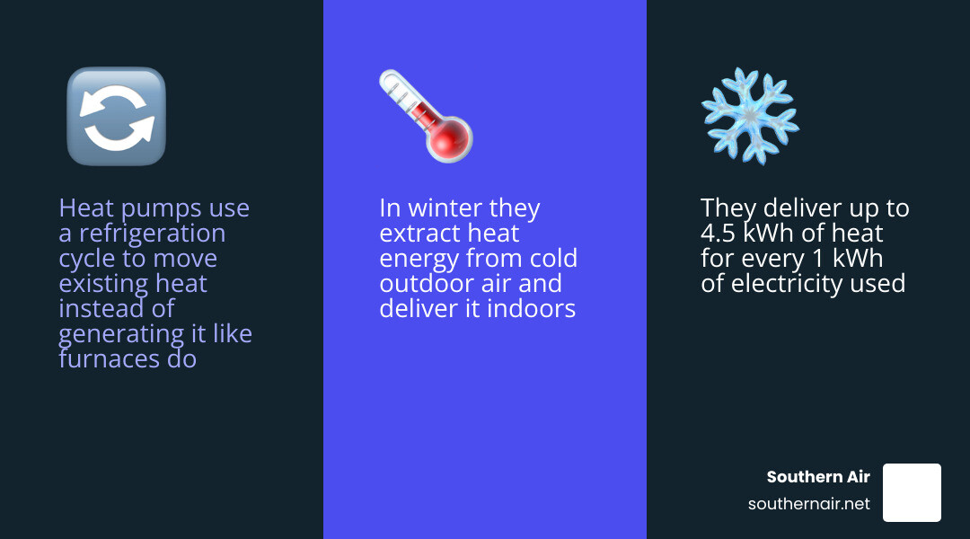 Infographic showing how heat pumps work: refrigeration cycle, heat transfer in summer vs winter, efficiency ratings, and key Infographic showing how heat pumps work: refrigeration cycle, heat transfer in summer vs winter, efficiency ratings, and key