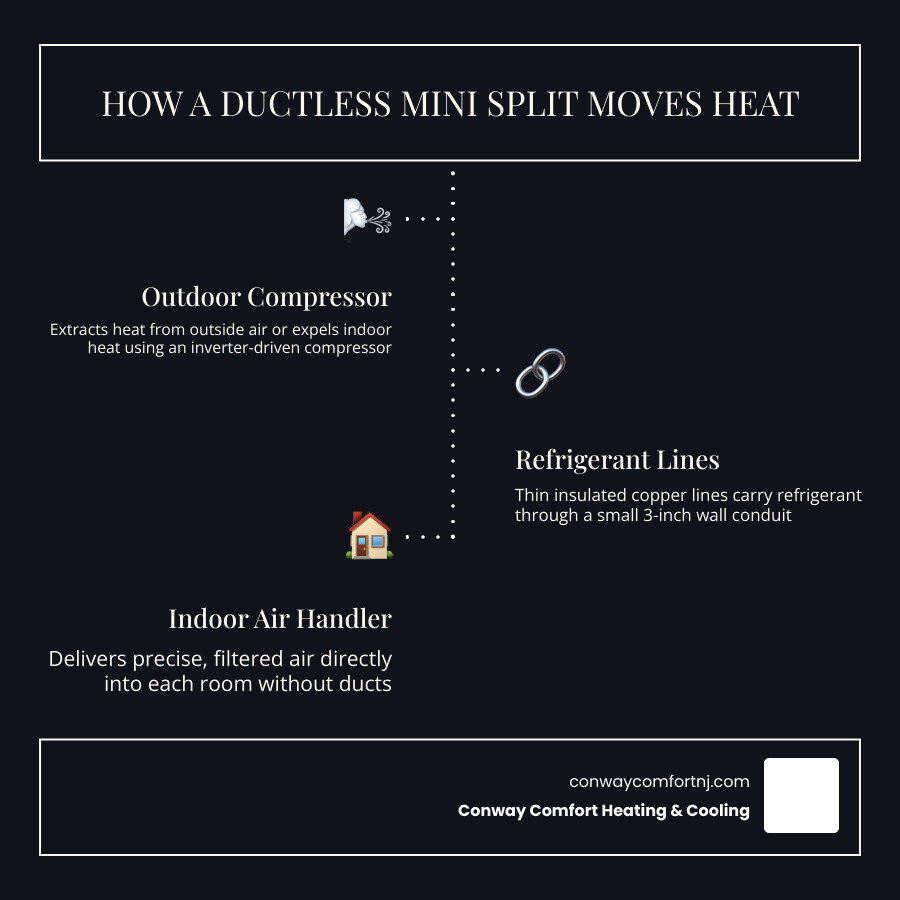 Ductless mini split system components diagram: outdoor unit, indoor handler, refrigerant lines, conduit infographic