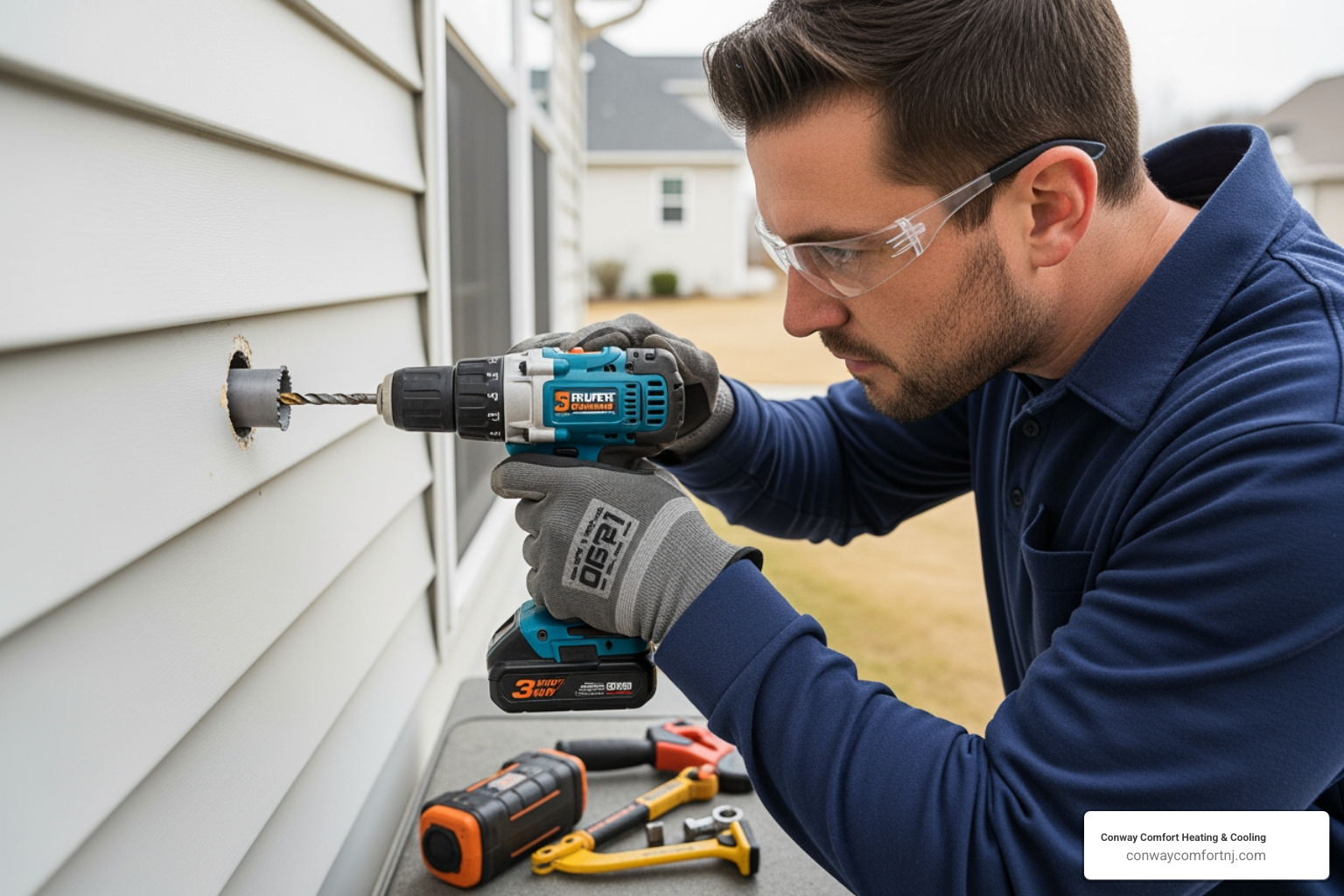HVAC technician drilling a 3-inch wall penetration for a mini split conduit
