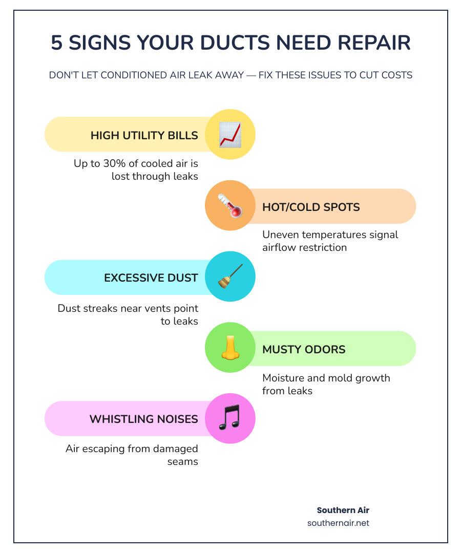 Infographic showing 30% conditioned air loss through duct leaks and top warning signs of duct damage infographic Infographic showing 30% conditioned air loss through duct leaks and top warning signs of duct damage infographic