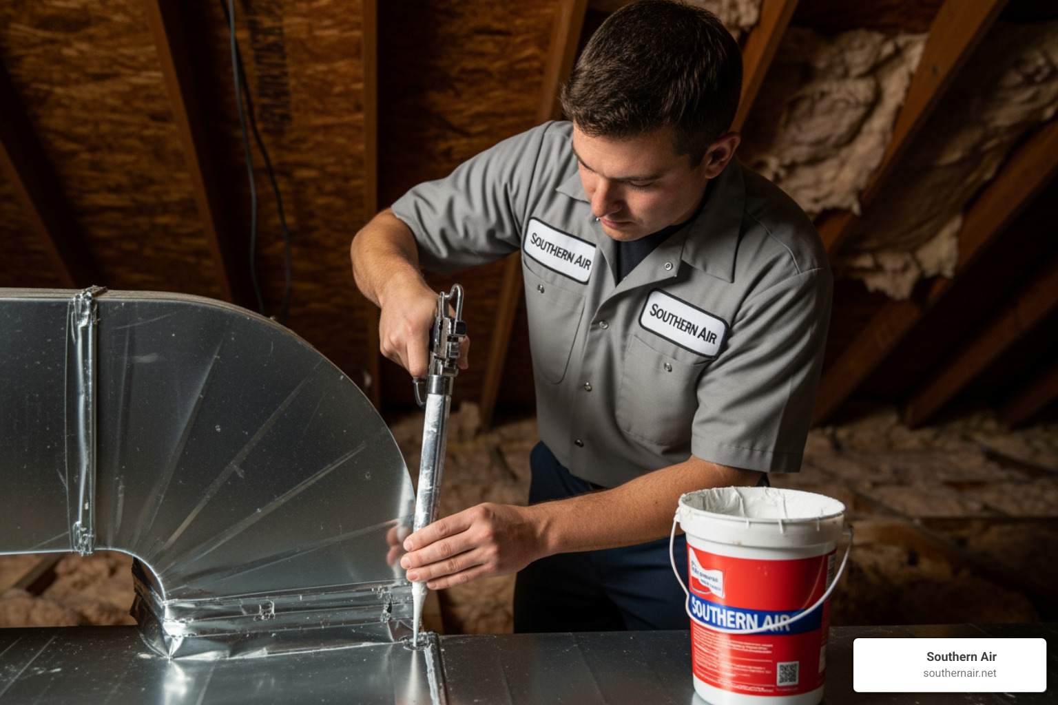 technician applying mastic sealant to a duct joint technician applying mastic sealant to a duct joint