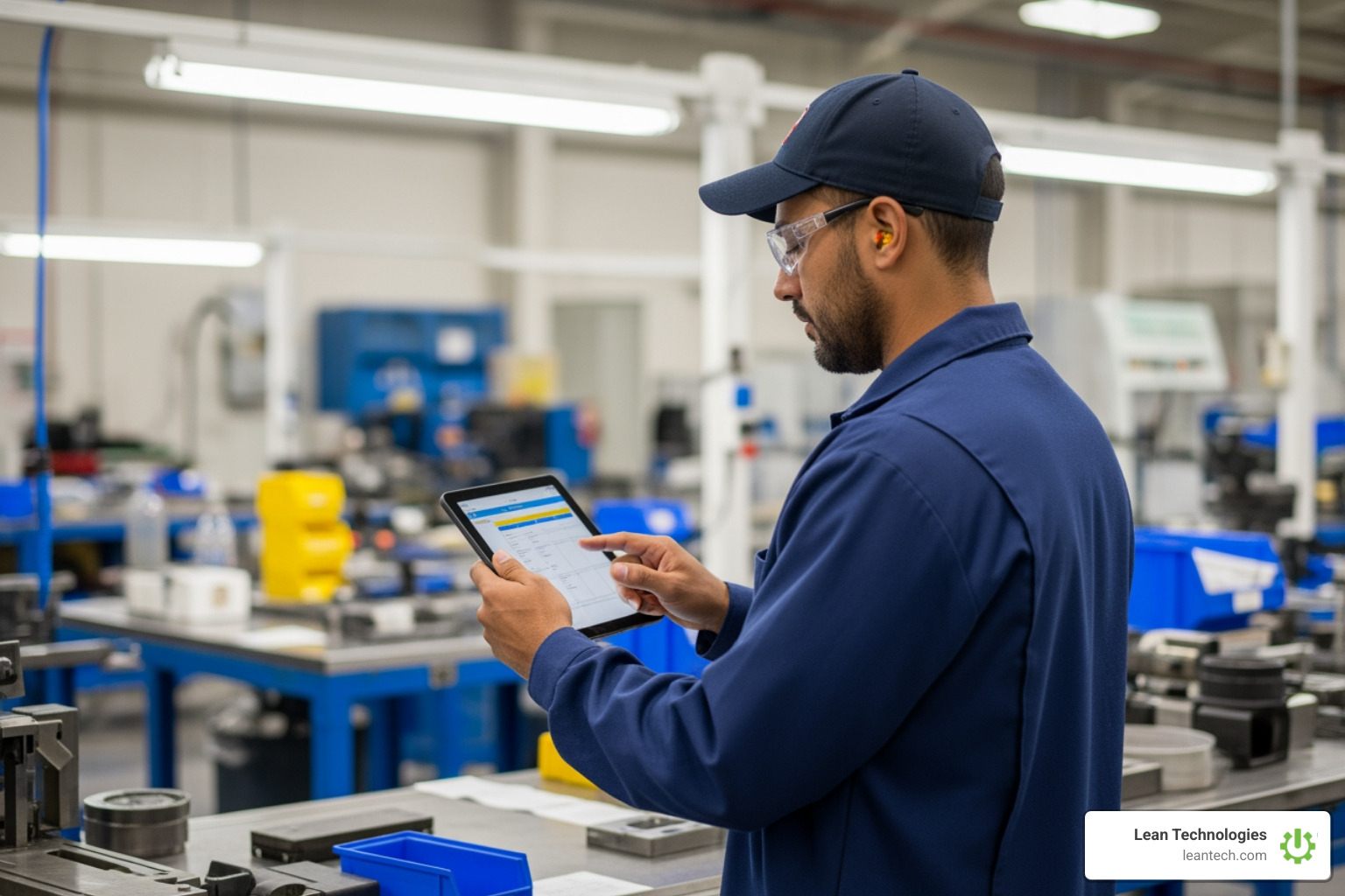 Operator using a tablet to check quality specs on a clean, organized shop floor