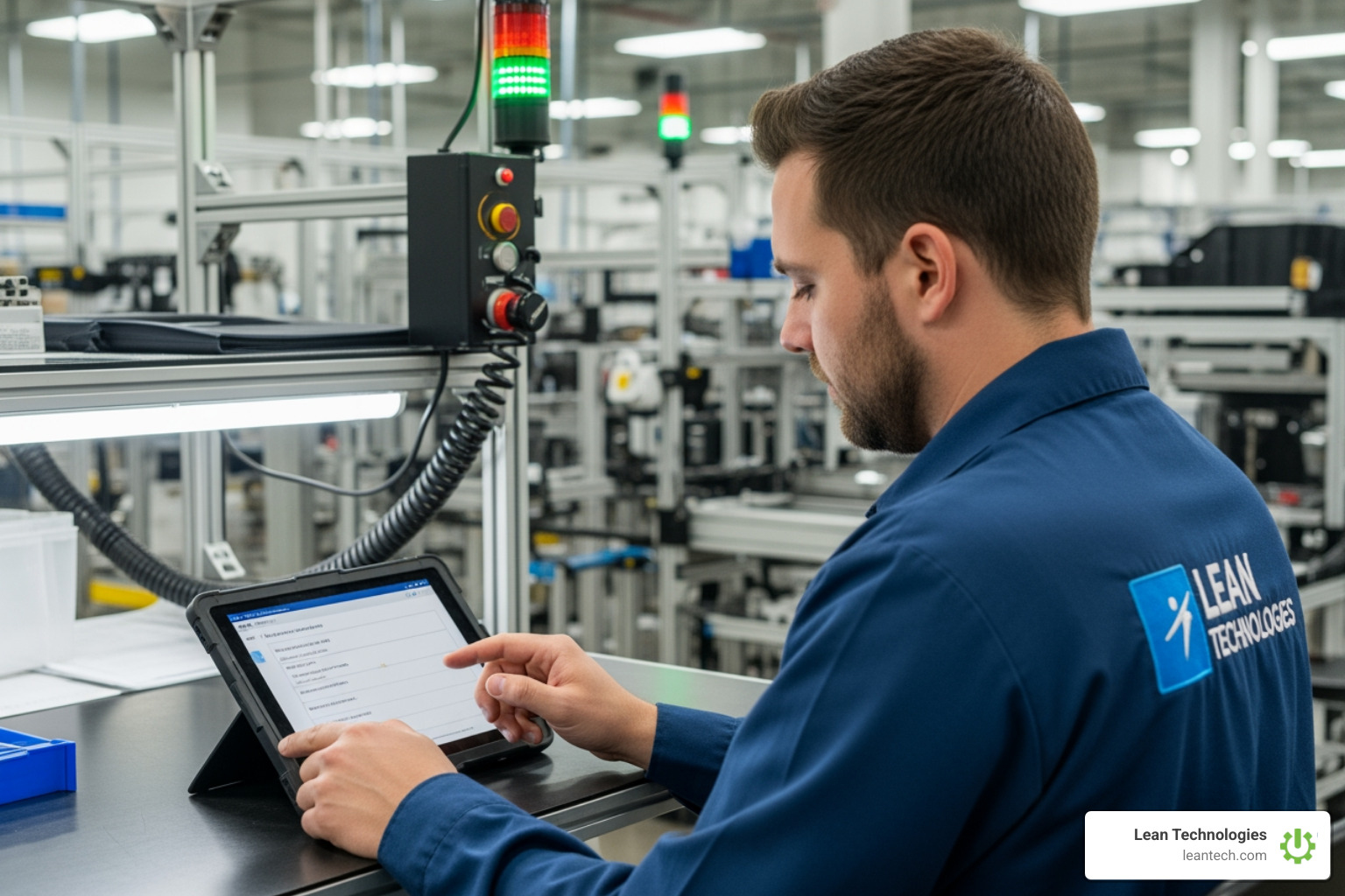 Operator logging a digital nonconformance on a tablet in a clean factory