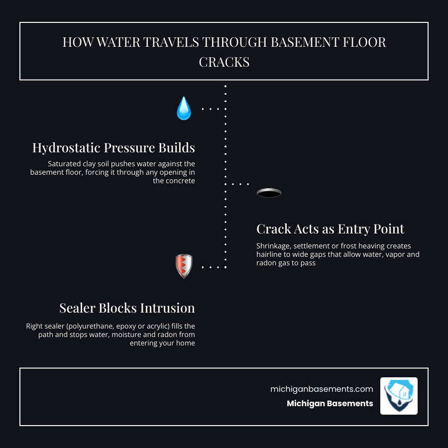 How water travels through basement floor cracks, radon entry points, and sealer types by crack width infographic