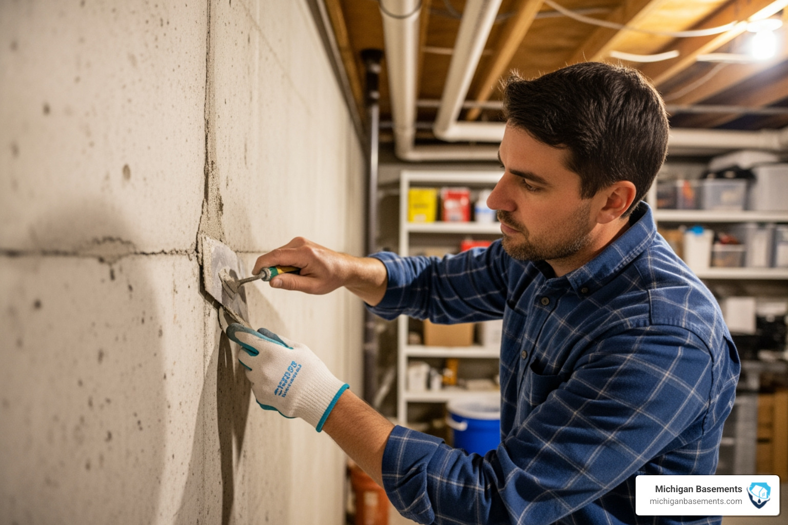 Homeowner applying hydraulic cement to a wall crack