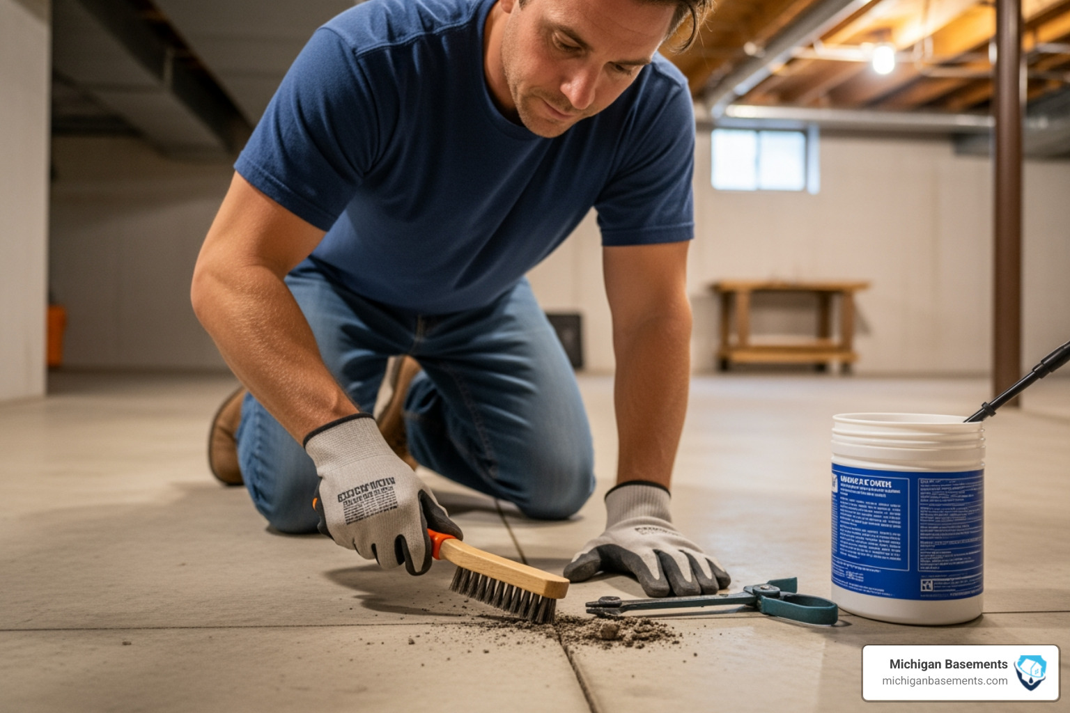 Homeowner using a wire brush to clean out debris from a concrete floor crack before sealing