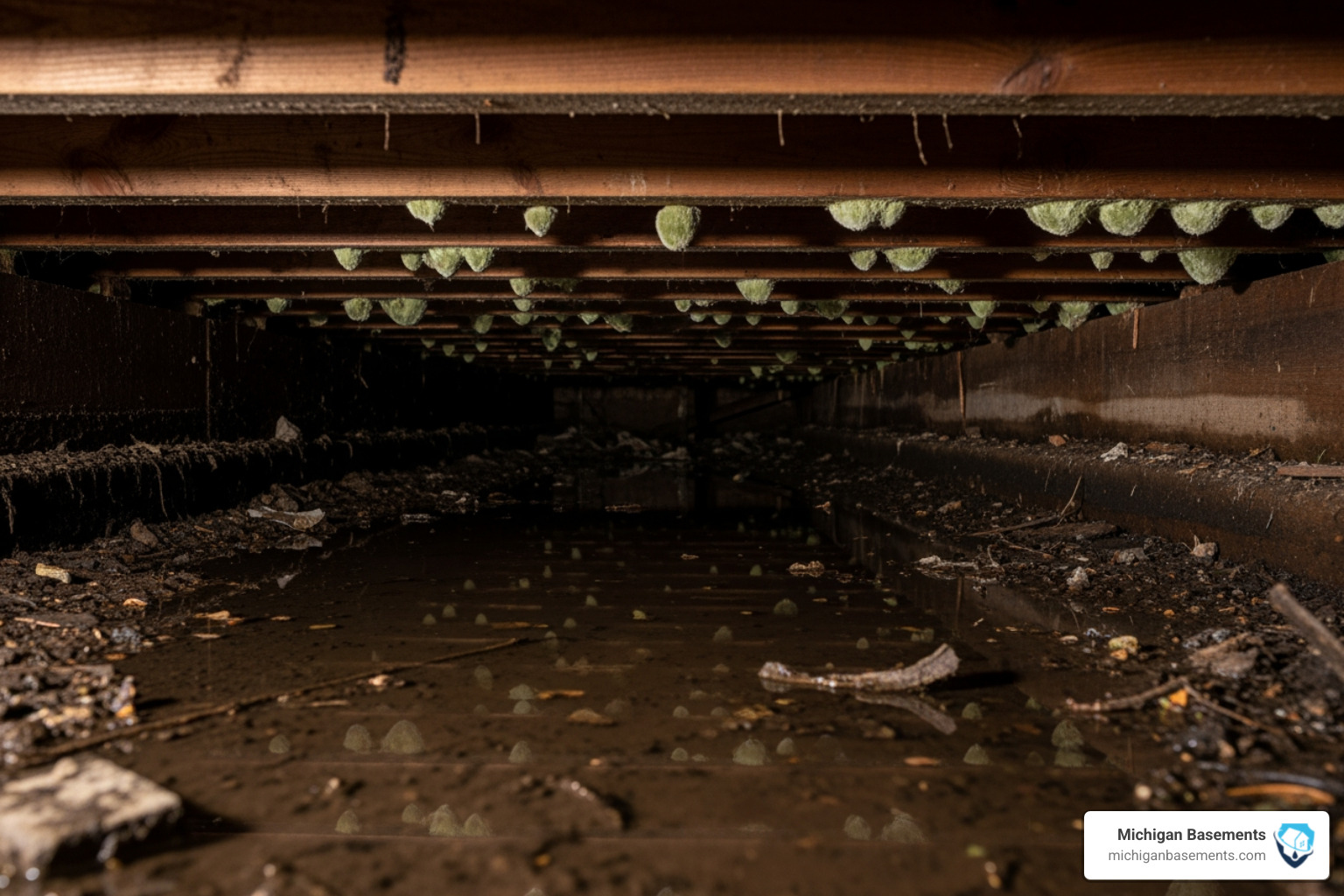 Standing water in a dark Macomb crawl space with visible mold on wooden floor joists