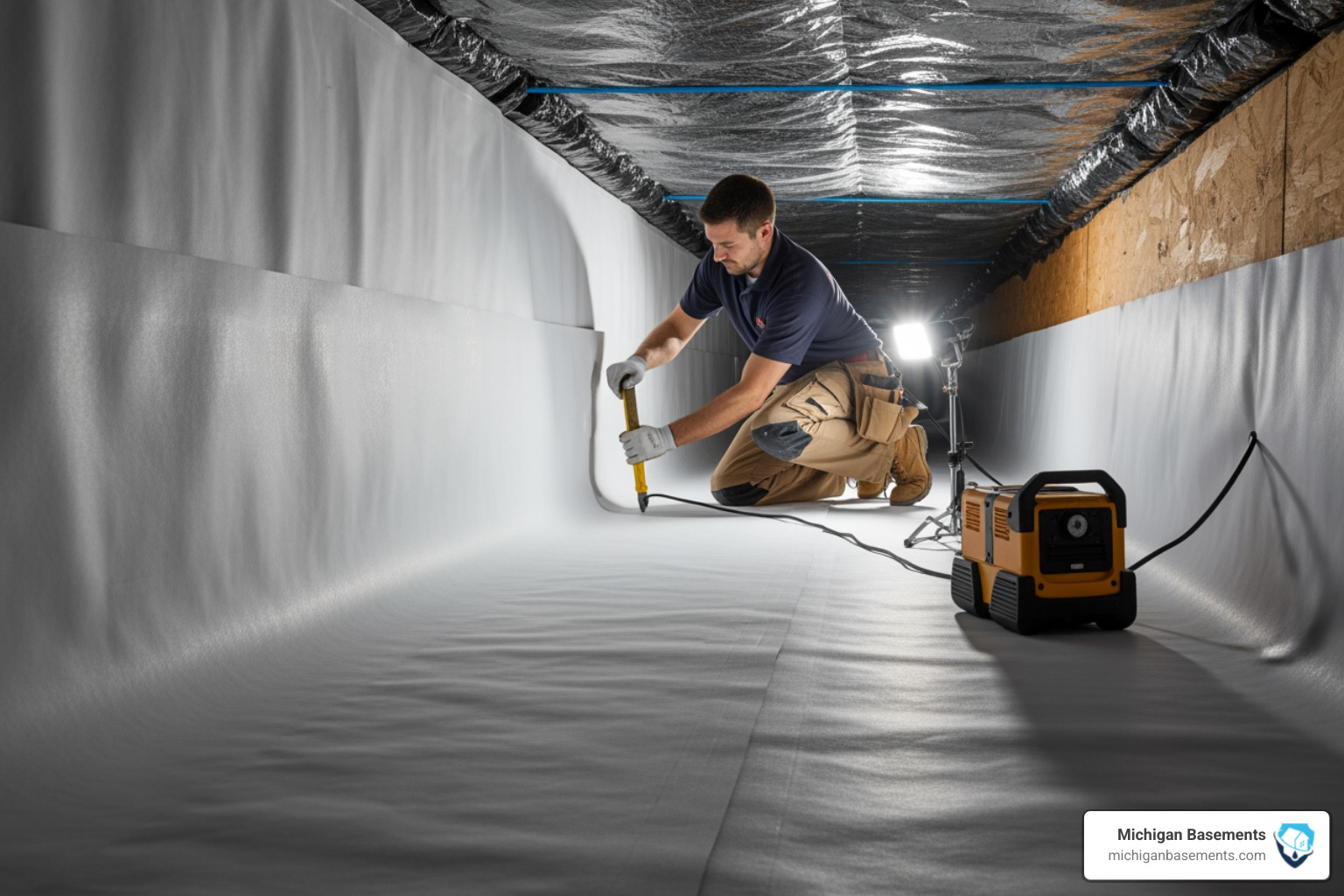 A technician installing a heavy-duty white vapor barrier along the walls and floor of a crawl space