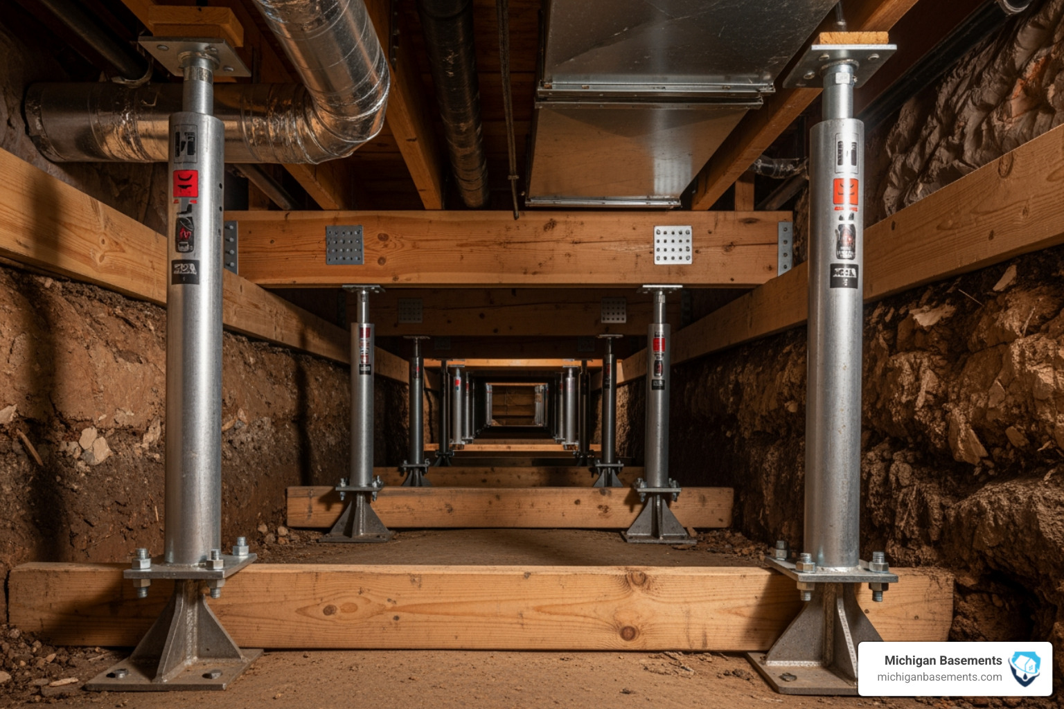 Heavy-duty adjustable steel support jacks installed in a crawl space to level sagging floor joists