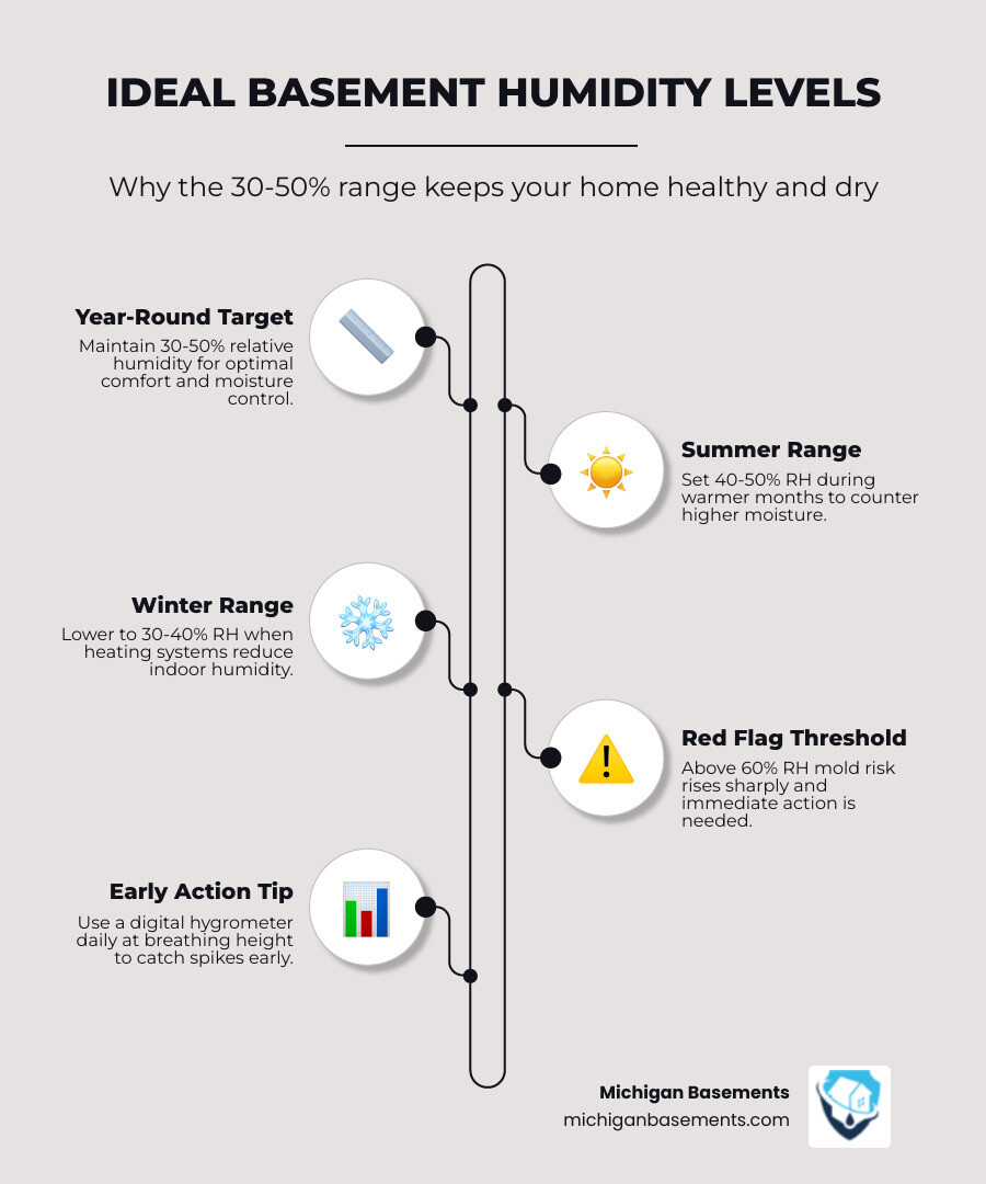 infographic showing 30-50% ideal basement humidity range with seasonal targets and risk thresholds infographic