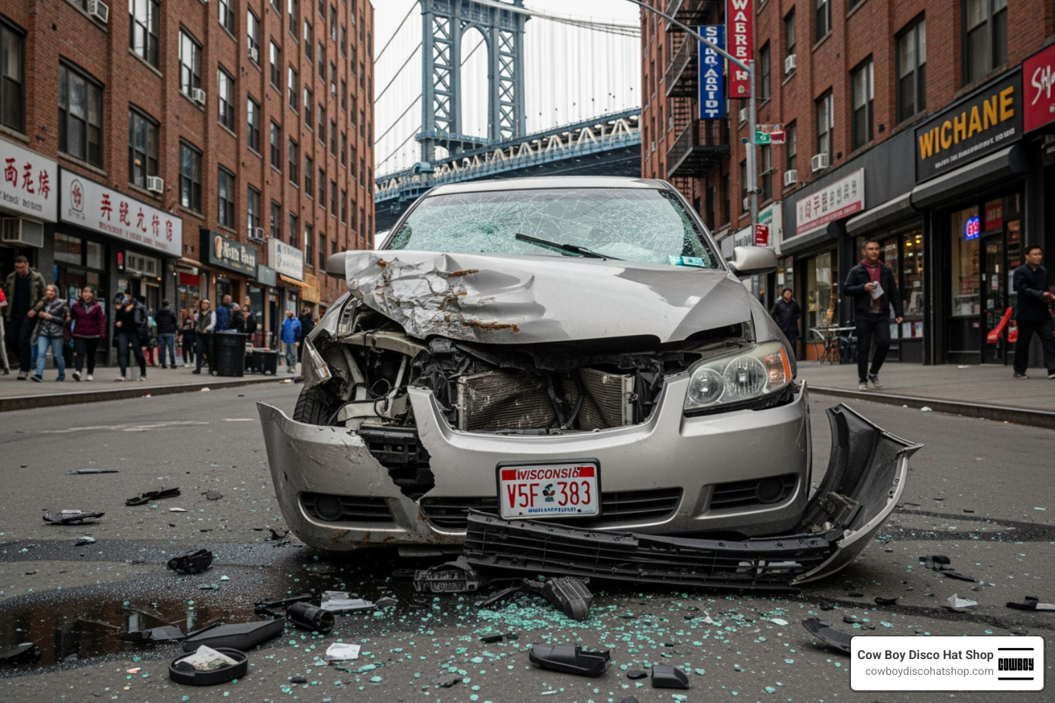 damaged rental vehicle Manhattan Bridge Chinatown crash damaged rental vehicle Manhattan Bridge Chinatown crash