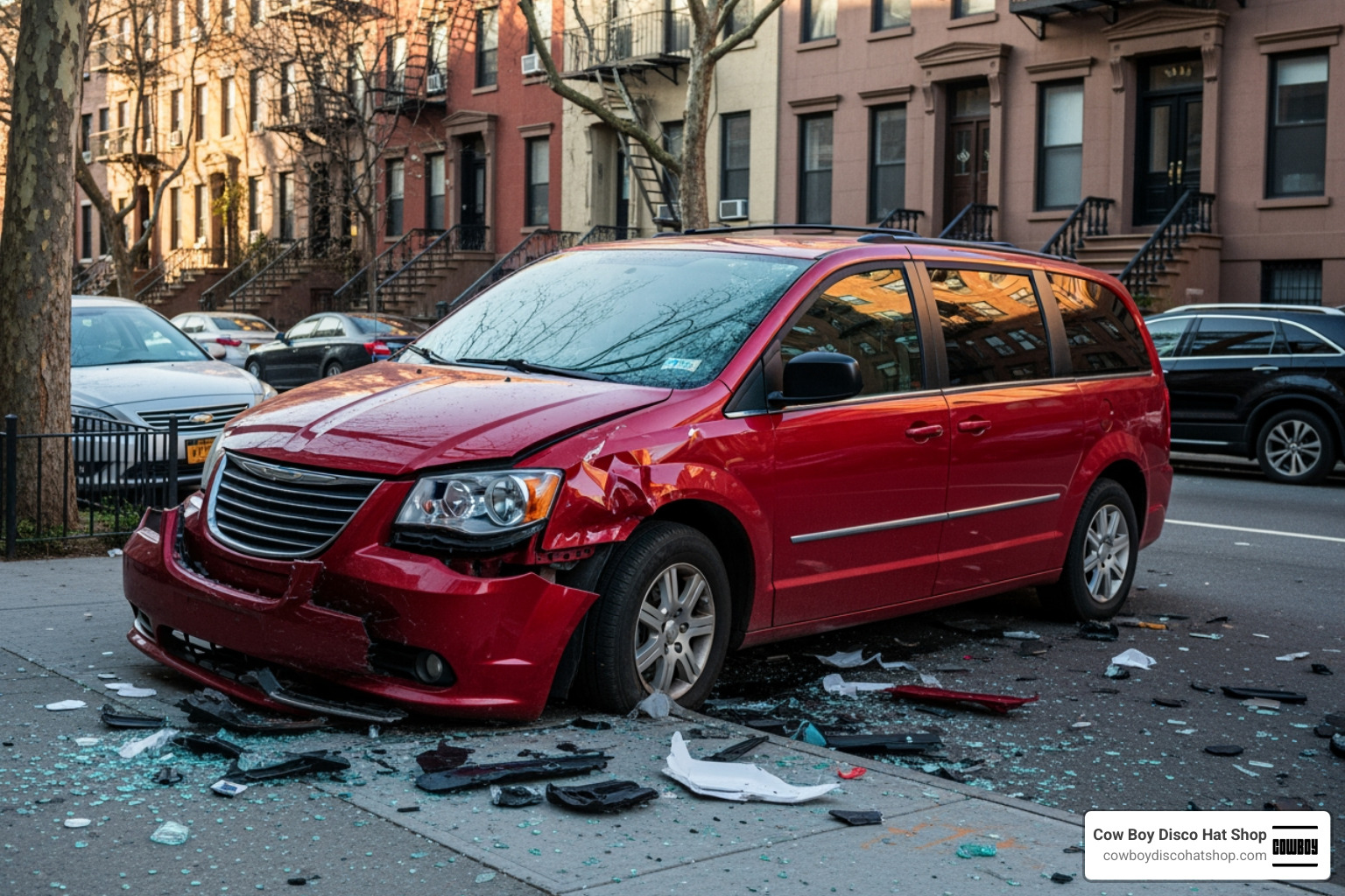 red Chrysler minivan on a Brooklyn sidewalk crash scene red Chrysler minivan on a Brooklyn sidewalk crash scene