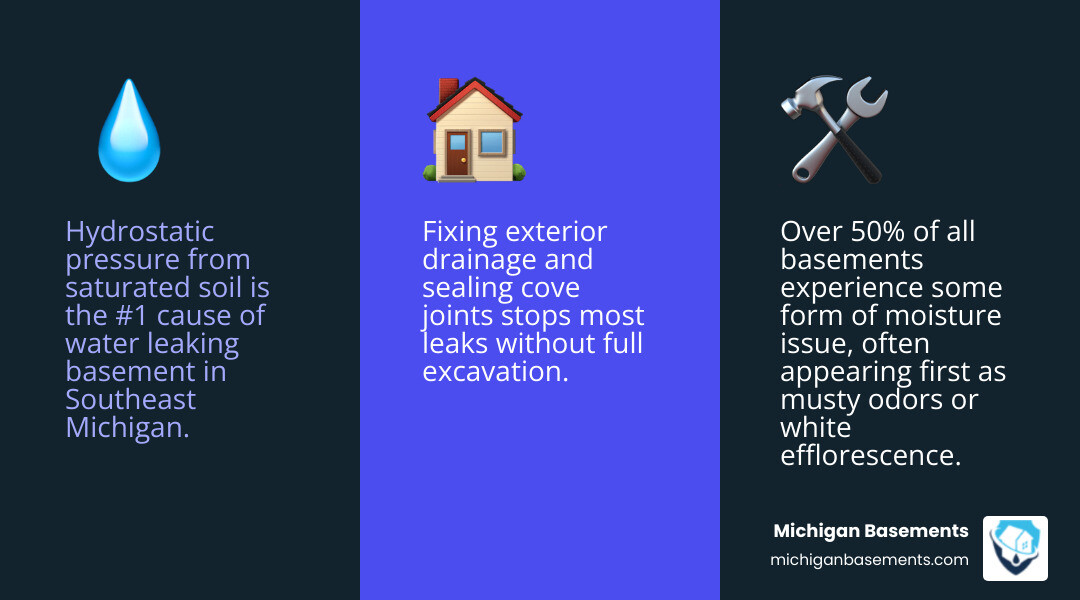 Common entry points for basement water leaks with moisture statistics and home value impact infographic