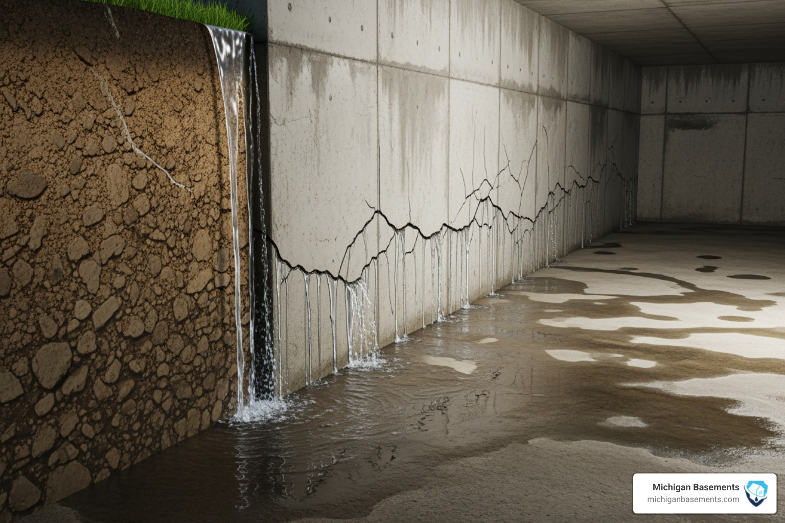Illustration of hydrostatic pressure pushing water against foundation walls