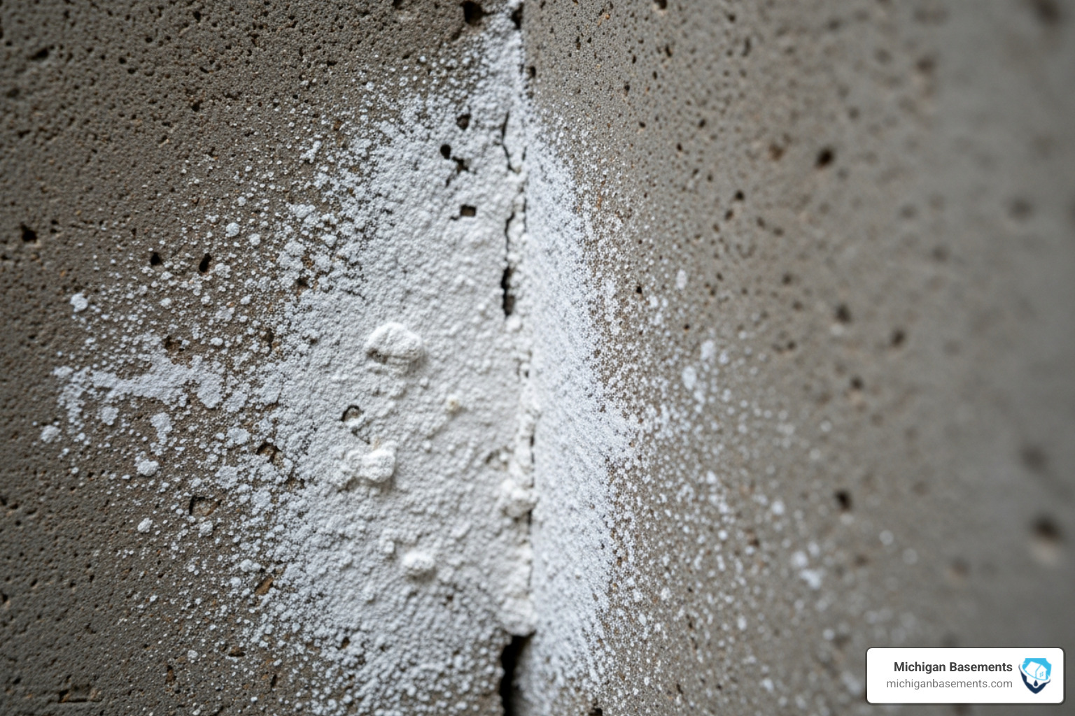 Efflorescence and mineral deposits on a concrete basement wall
