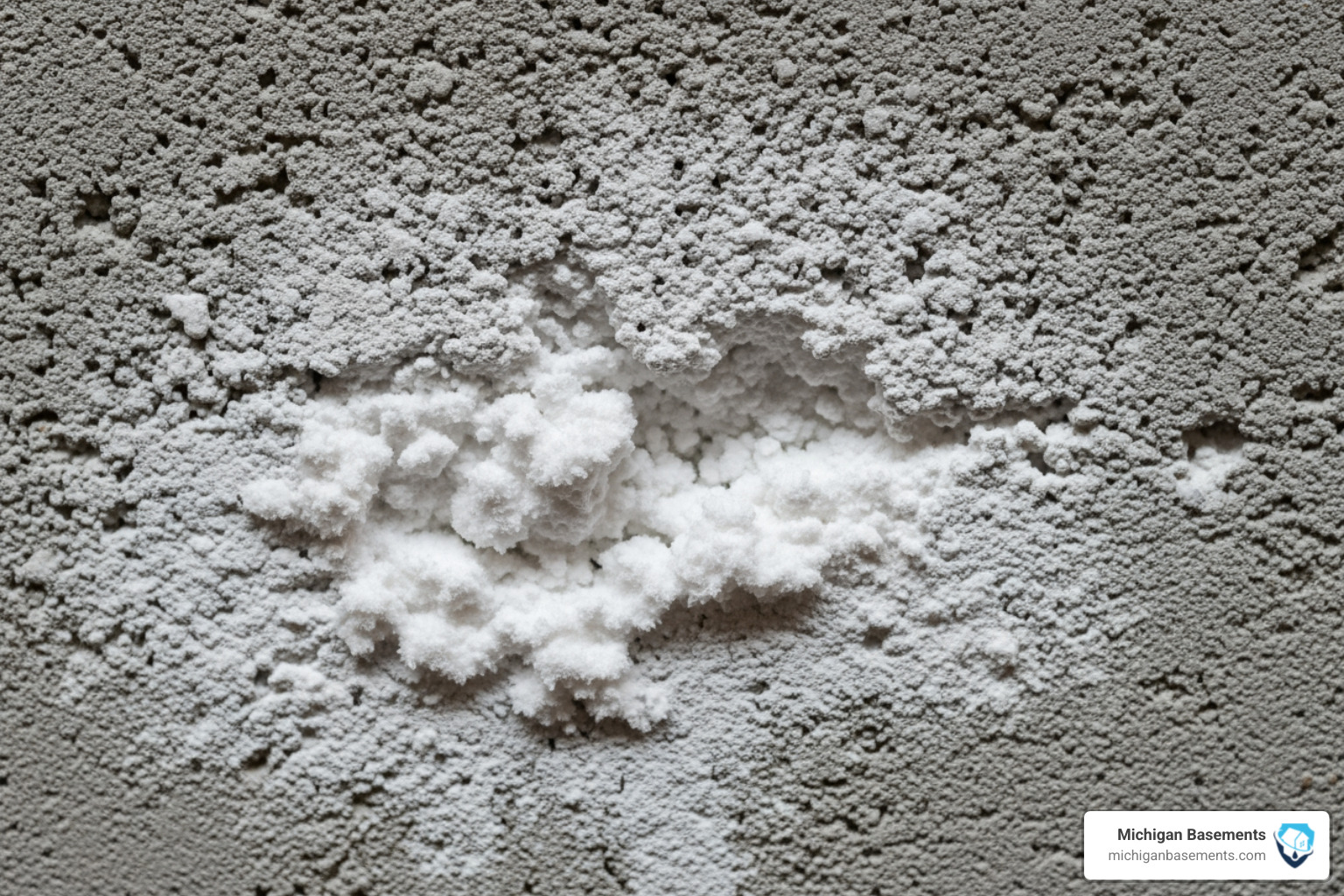 image of white efflorescence powder on a grey concrete basement wall