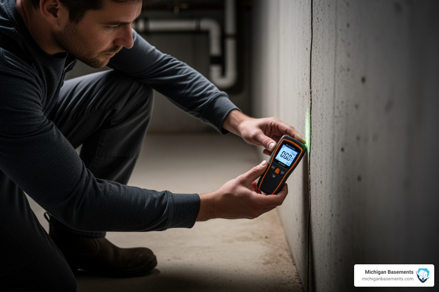 image of a professional technician using a moisture meter to inspect a foundation crack