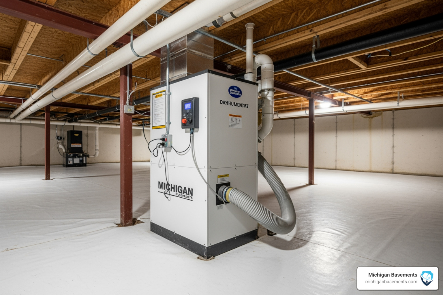 professional-grade dehumidifier unit installed in a clean crawl space