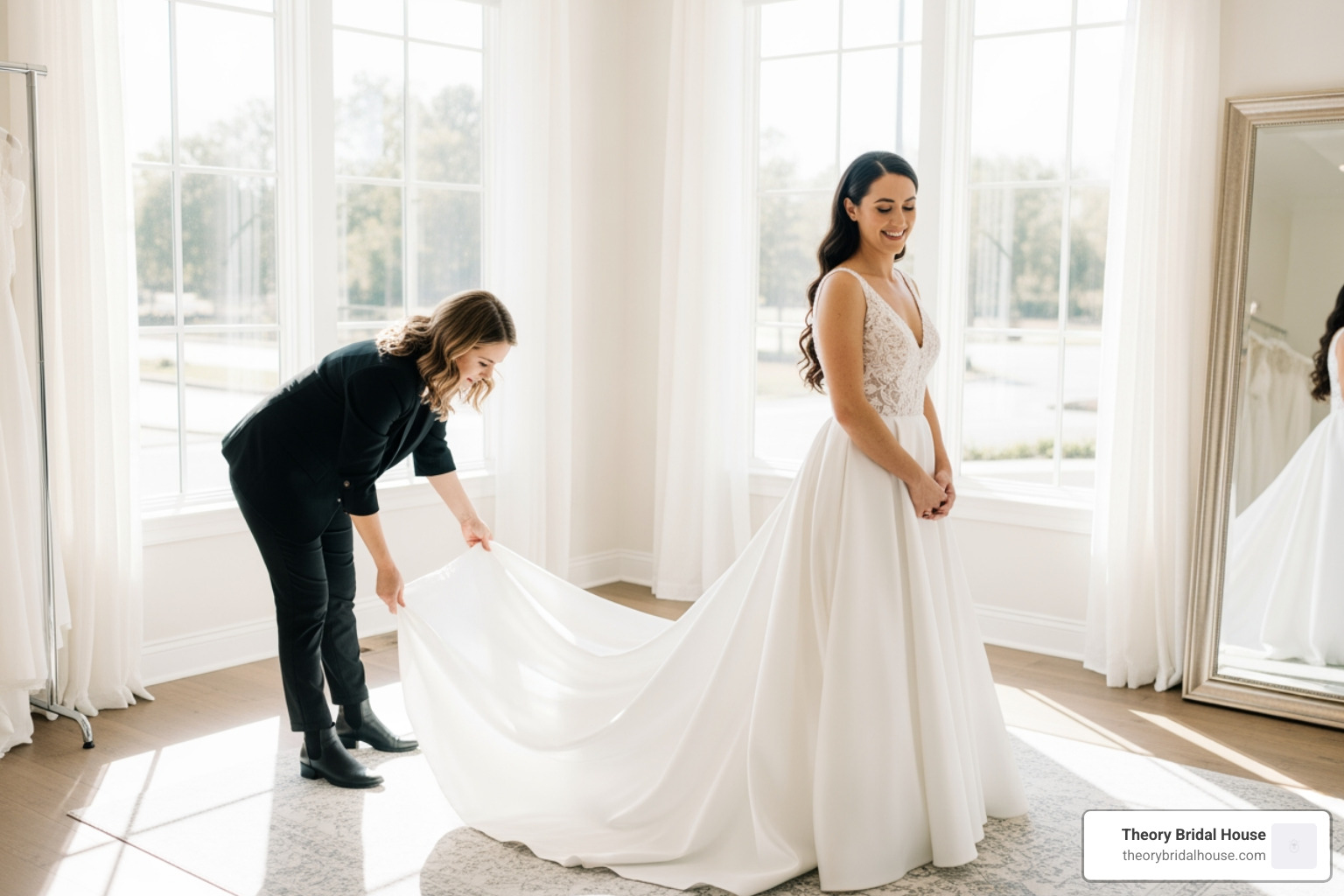 Stylist assisting a bride with a long gown train in a sunlit boutique