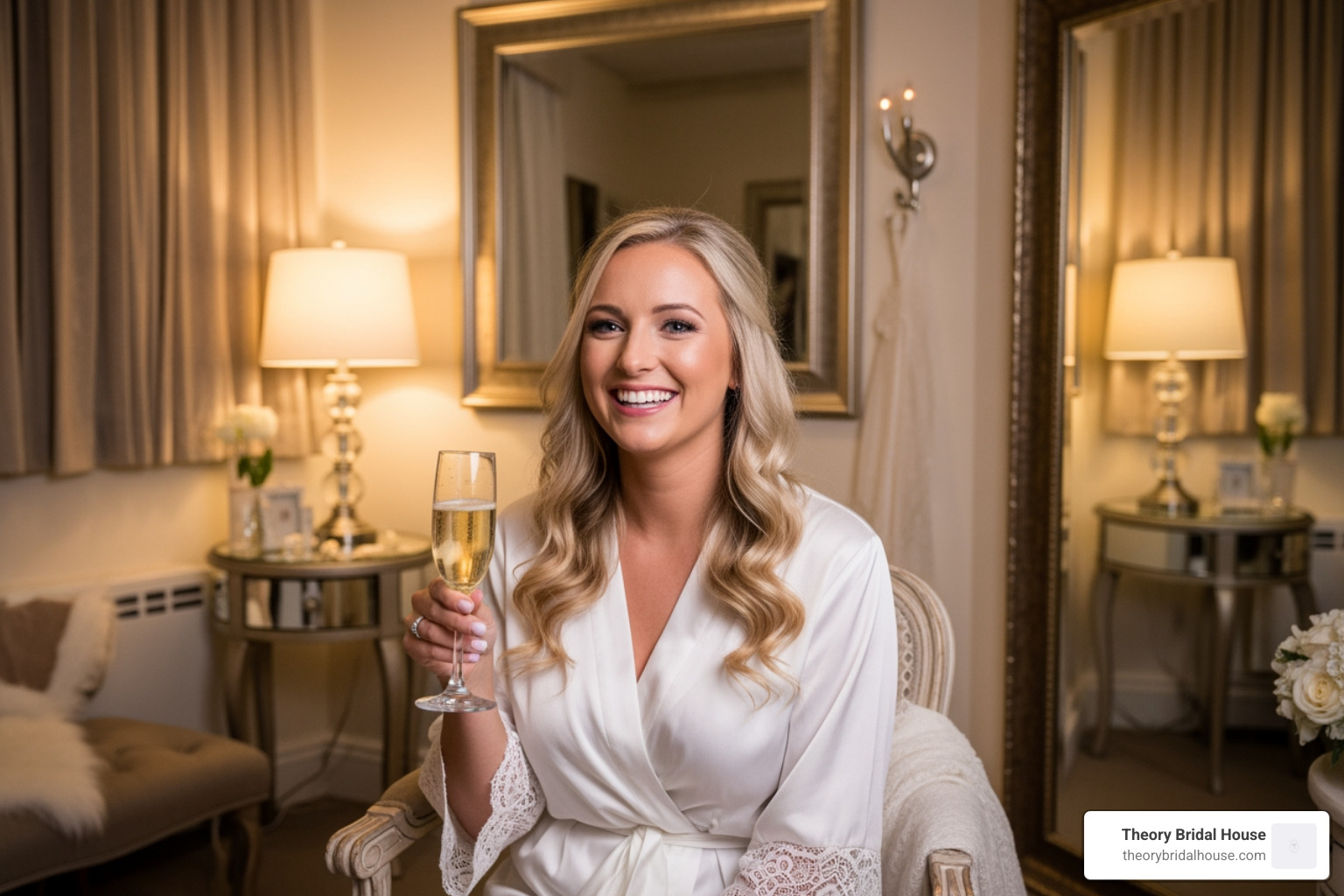 Bride celebrating finding her dress with a glass of bubbly in a private bridal suite