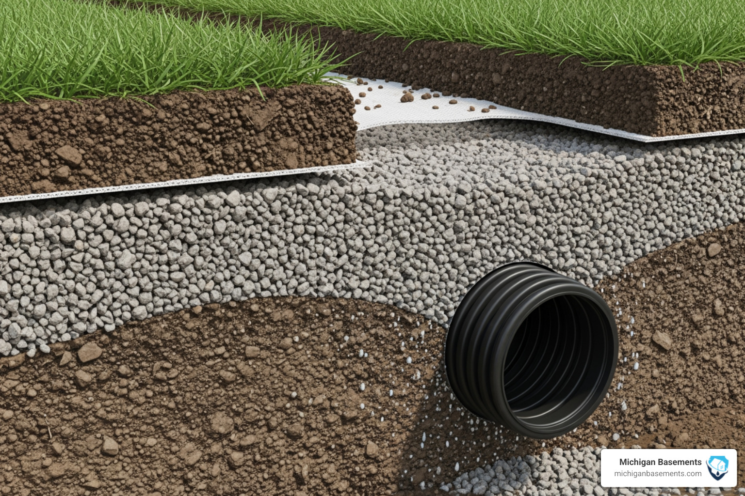 cross-section diagram of a modern French drain showing layers of soil, fabric, gravel, and pipe