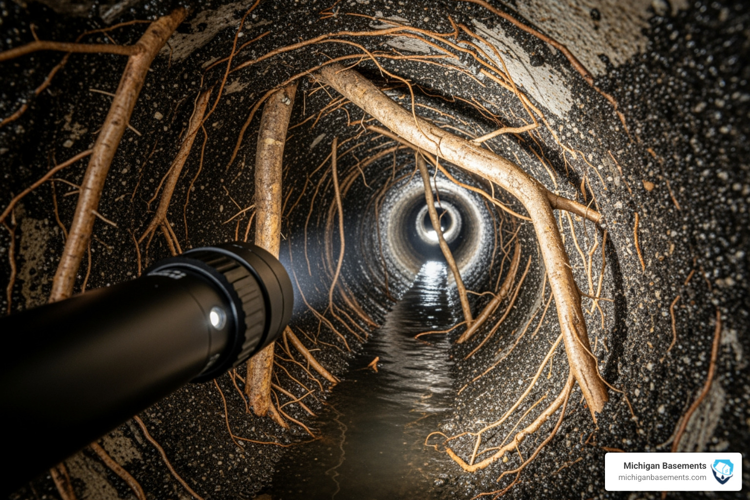 a clogged drainage pipe being inspected with a camera showing root intrusion and sediment