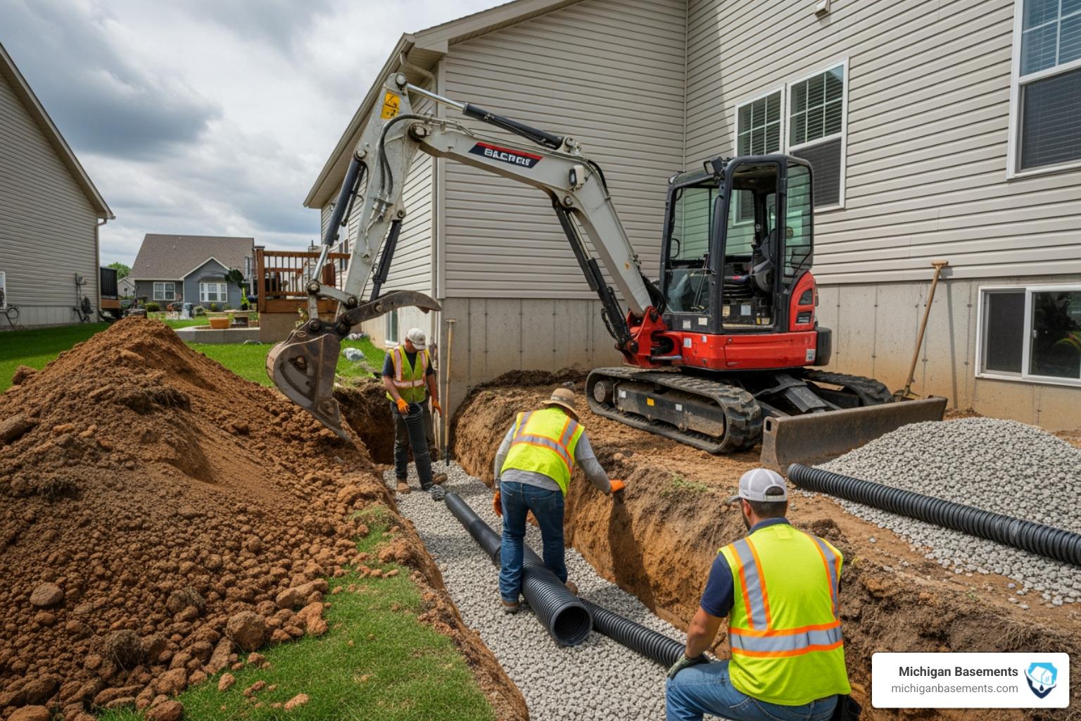 professional crew installing a foundation drainage system with heavy excavation equipment