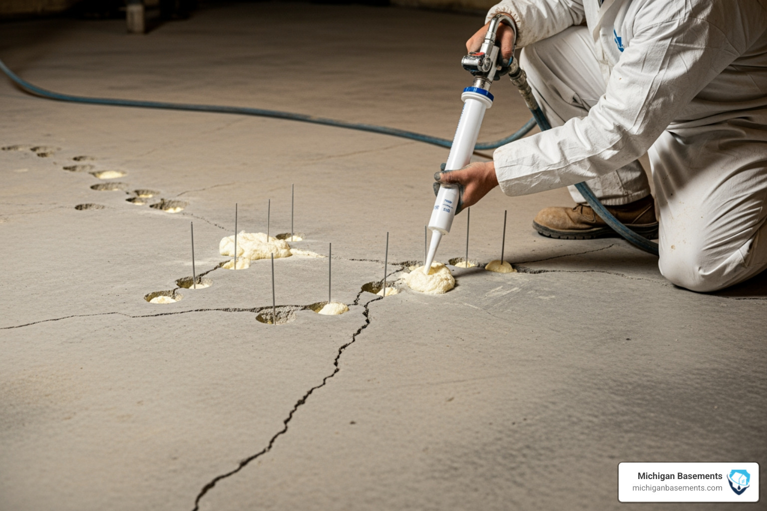 polyurethane foam injection being used for basement floor heaving repair polyurethane foam injection being used for basement floor heaving repair