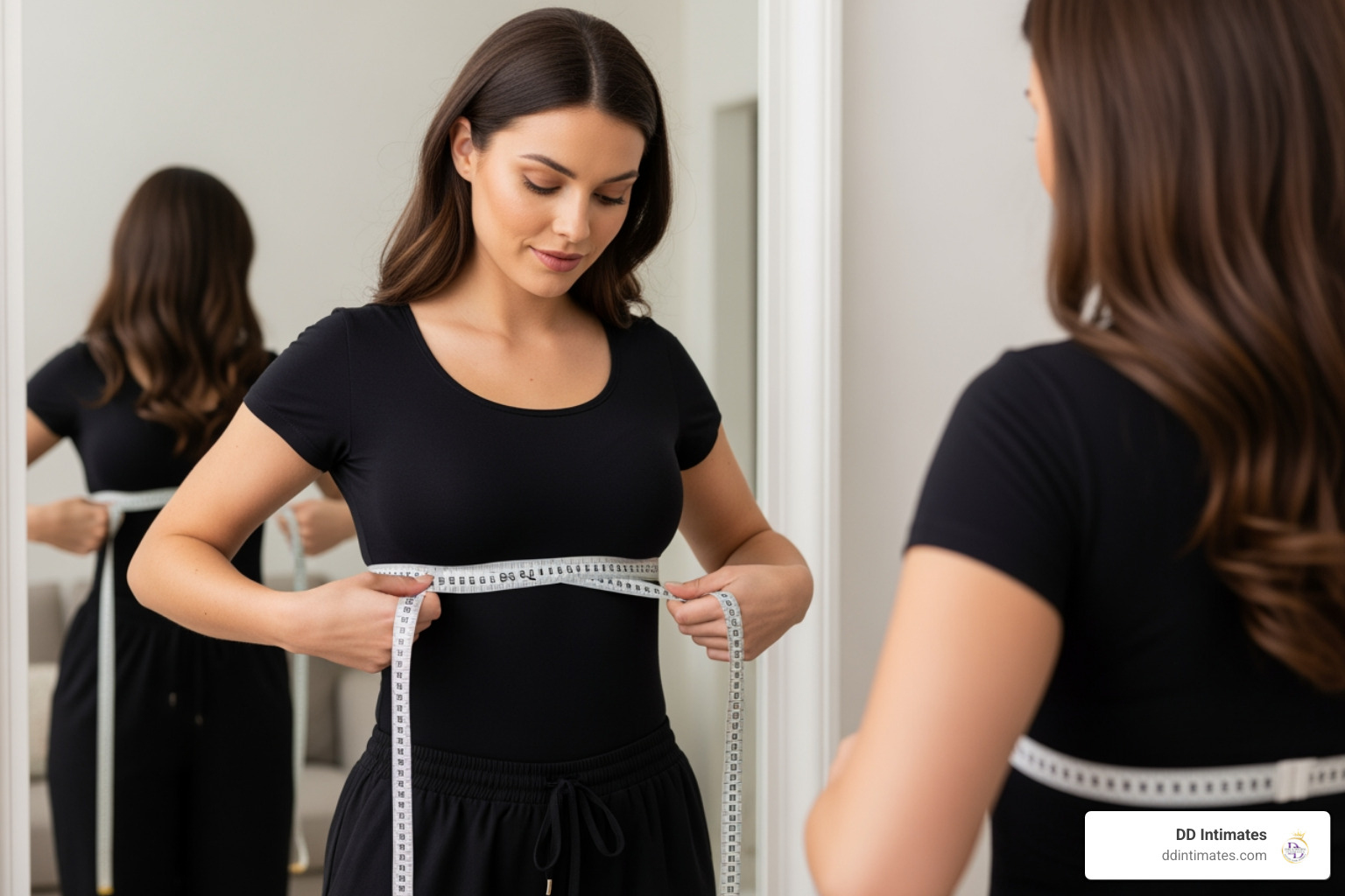 Woman using a soft measuring tape to determine her underbust and full bust measurements Woman using a soft measuring tape to determine her underbust and full bust measurements