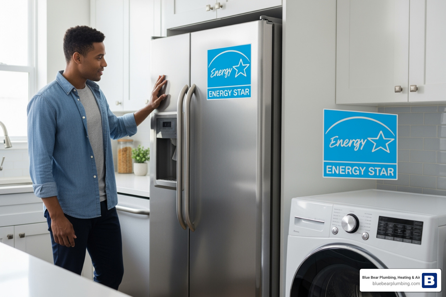 A homeowner looking at a new energy-efficient refrigerator and washing machine with energy star labels A homeowner looking at a new energy-efficient refrigerator and washing machine with energy star labels