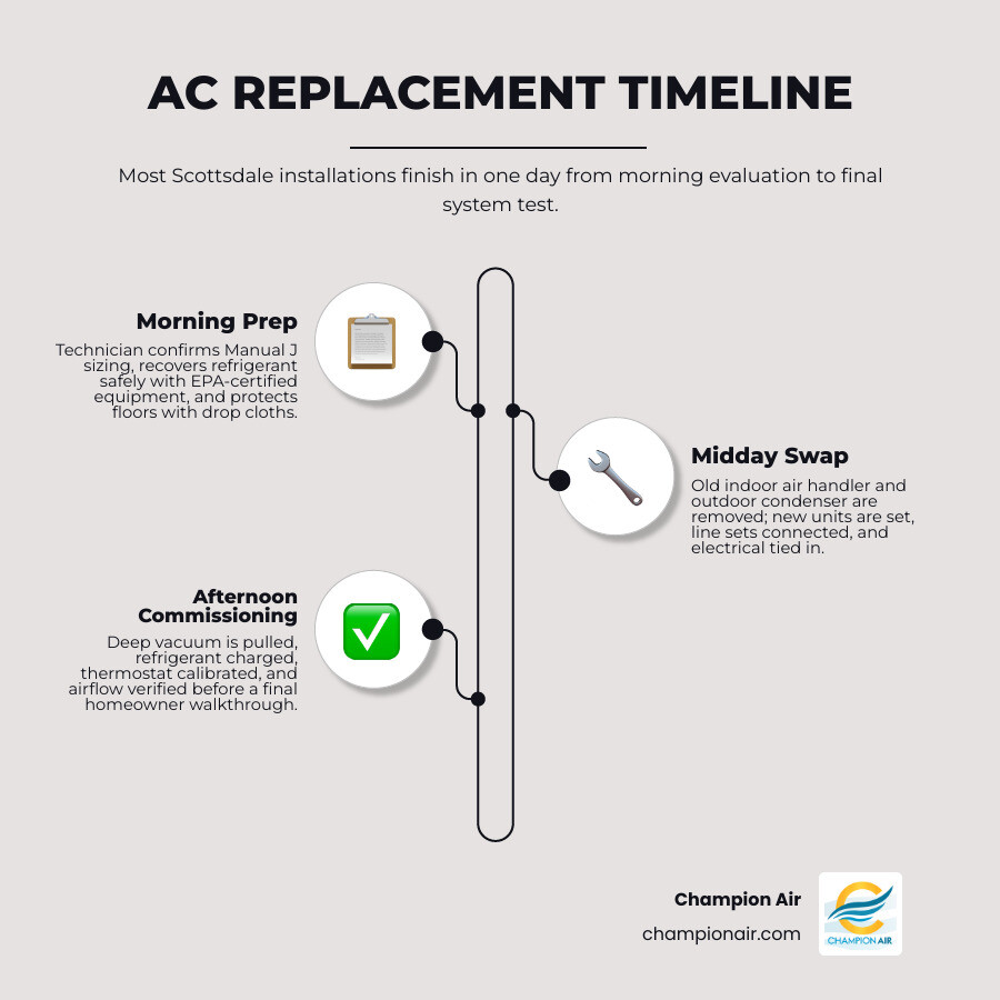 Step-by-step AC removal and new system installation timeline infographic for Scottsdale homeowners infographic
