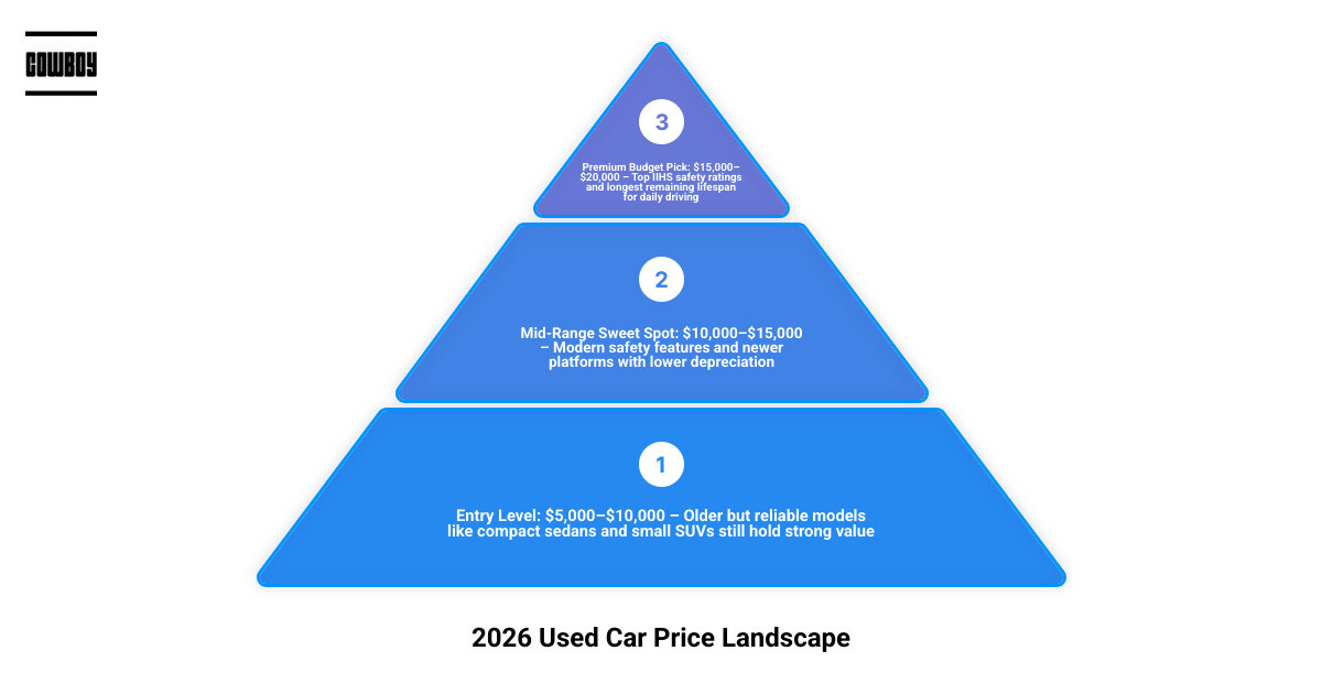 2026 used car price landscape infographic showing average prices, buyer budget expectations, and top affordable picks by