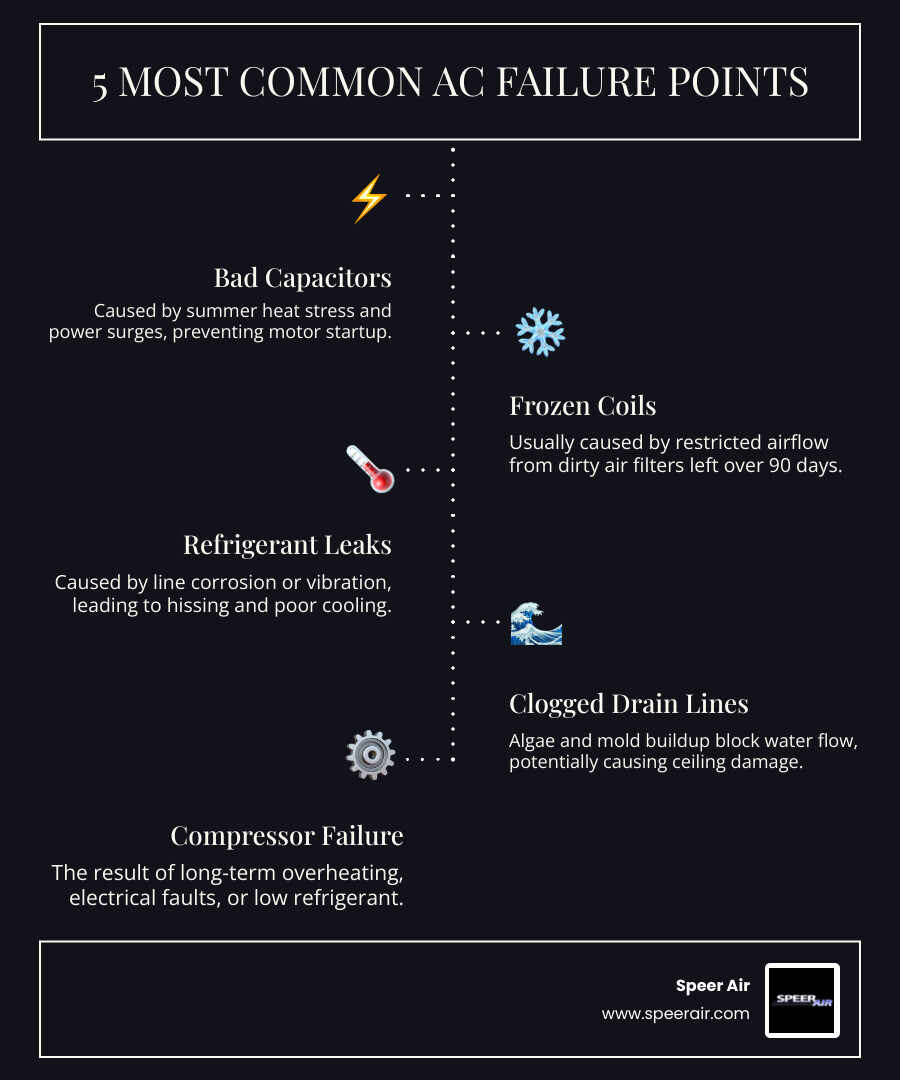 Infographic showing the most common AC failure points including capacitors, filters, refrigerant leaks, drain clogs, and Infographic showing the most common AC failure points including capacitors, filters, refrigerant leaks, drain clogs, and