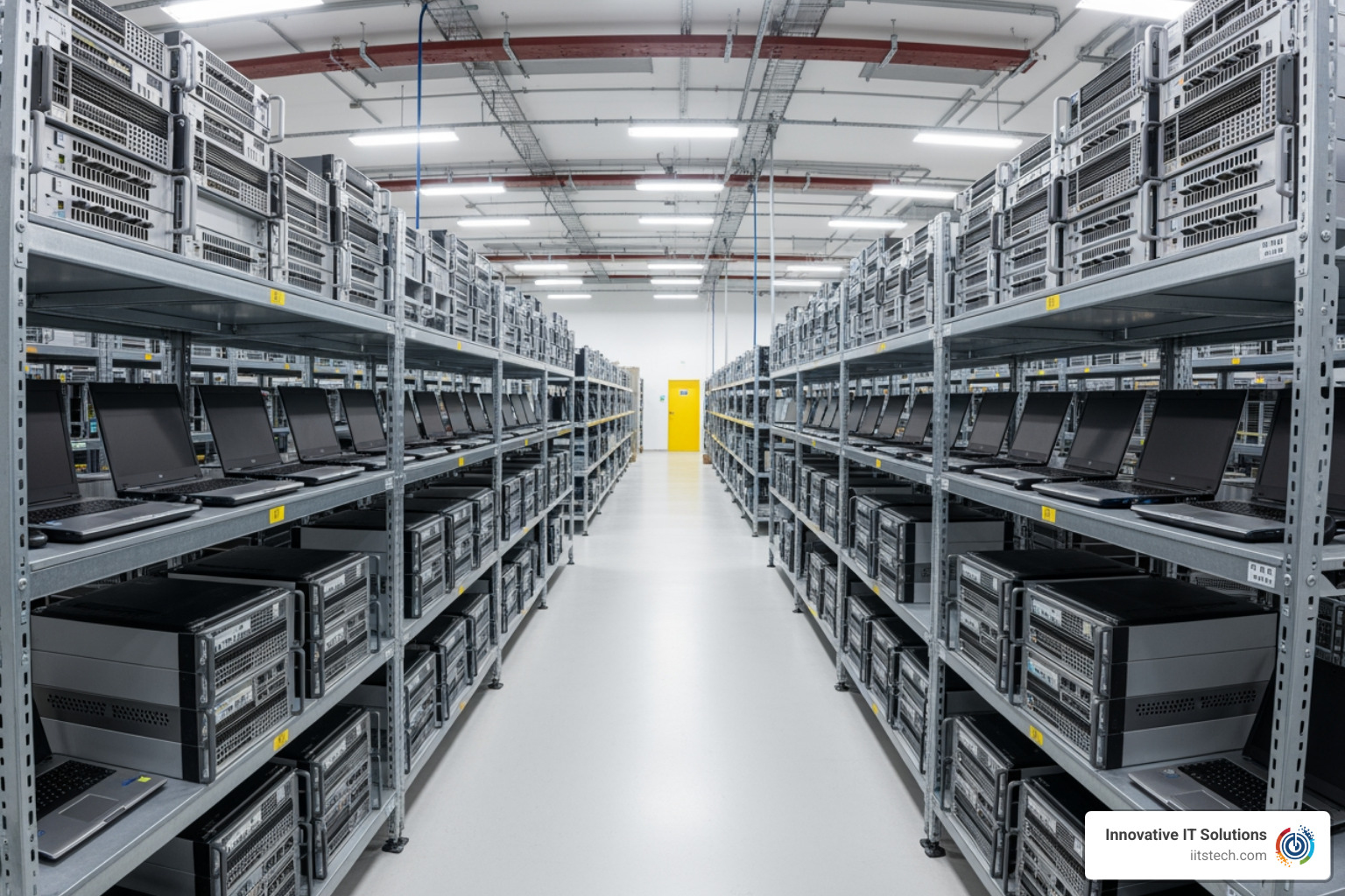 secure ITAD facility with organized racks of decommissioned hardware