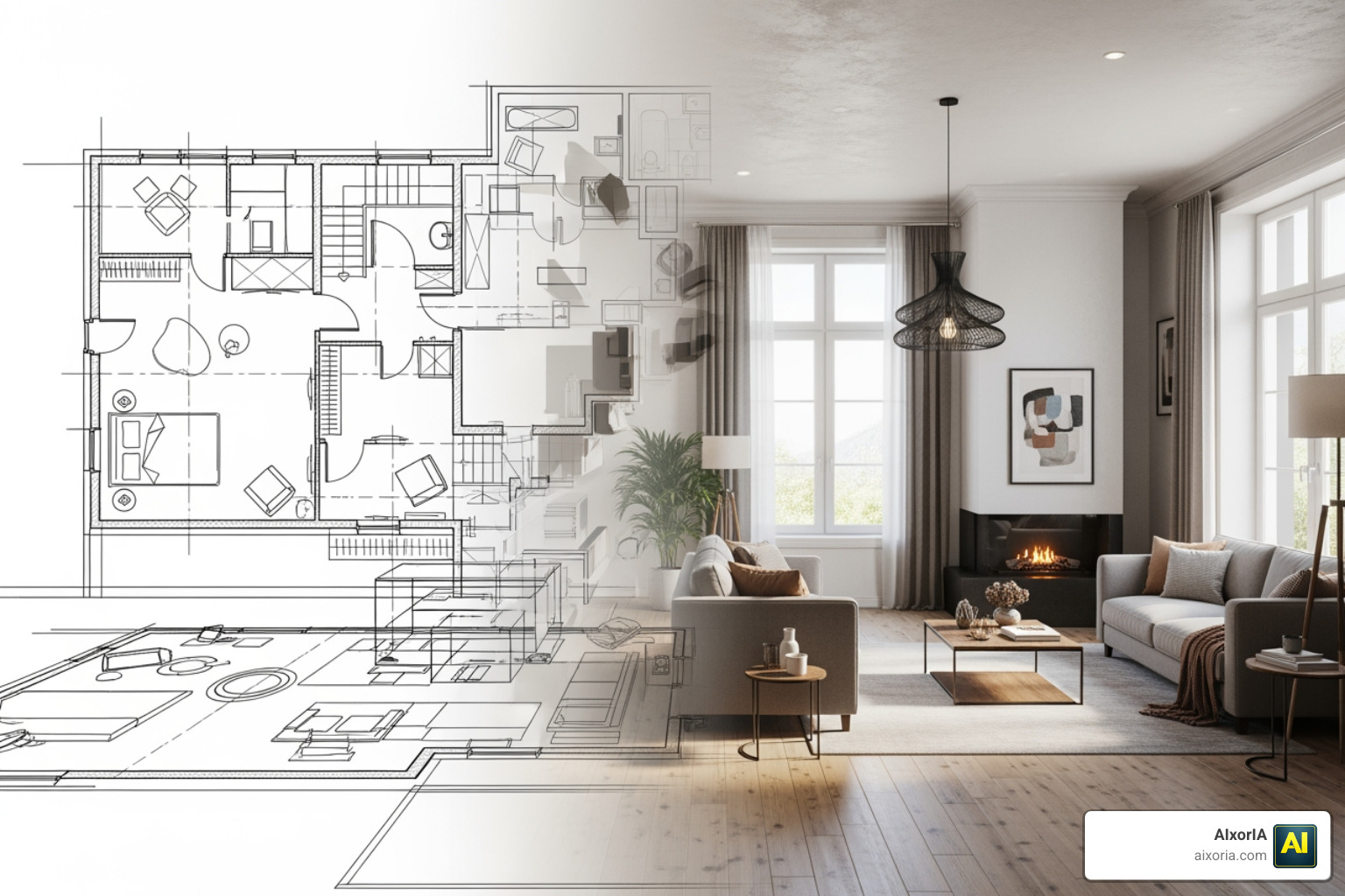 A 2D floor plan blueprint being converted into a 3D photorealistic room render by AI