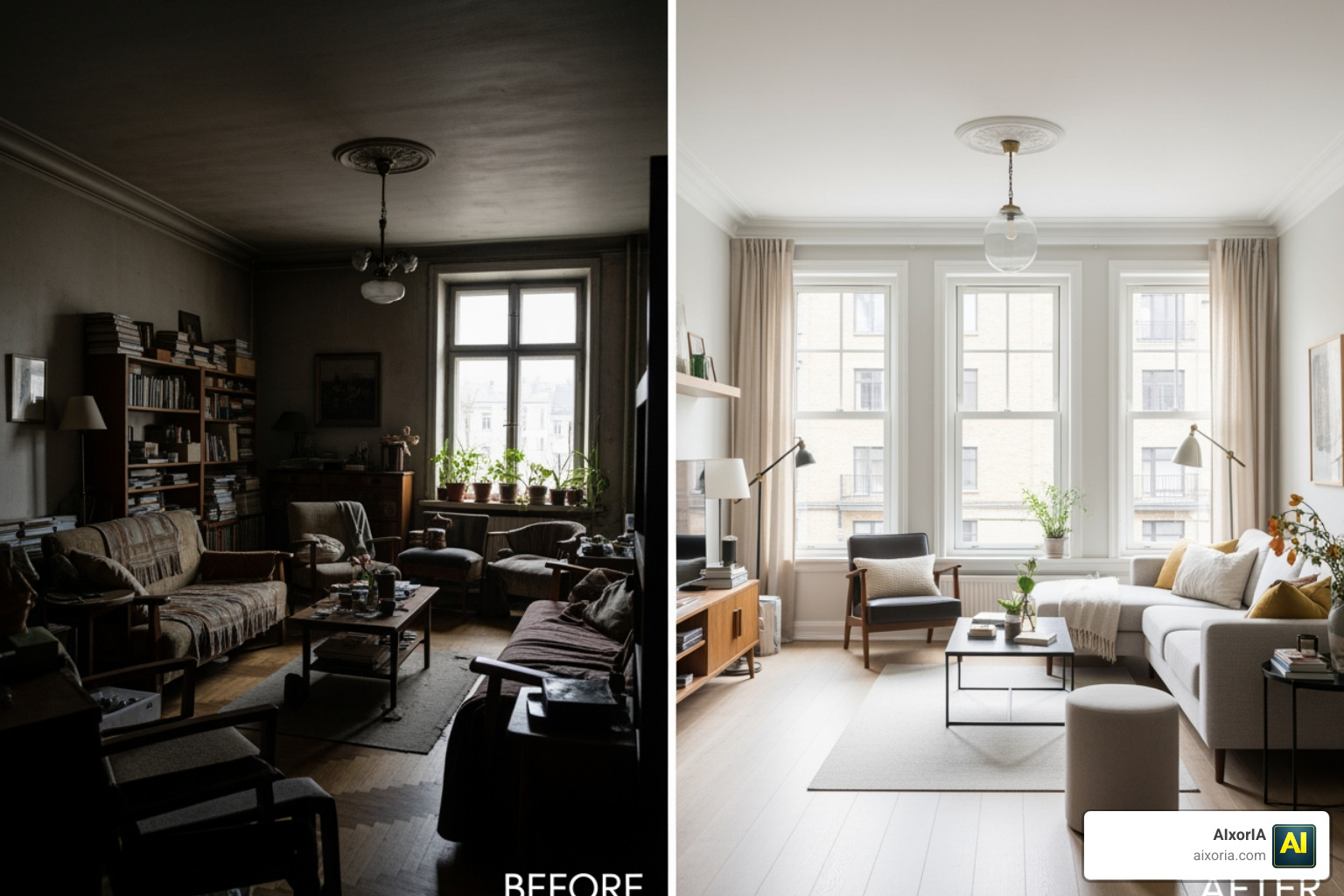 Comparison image showing a before and after AI staging of a dark room into a bright modern space