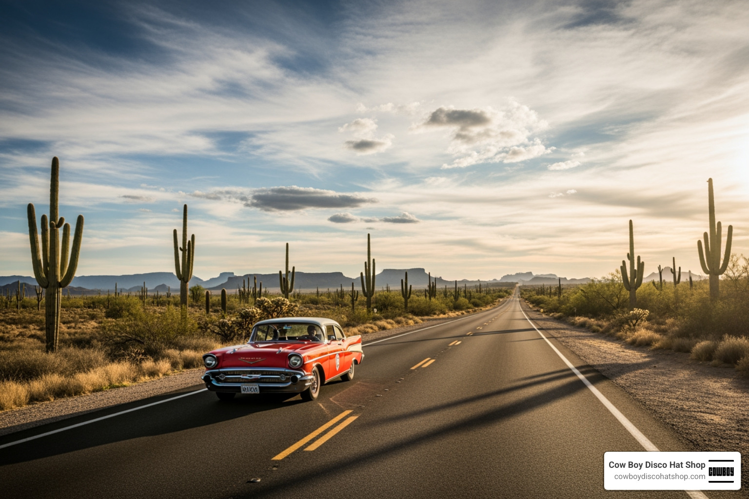 Classic American road trip on Route 66 showing a vintage car and desert landscape