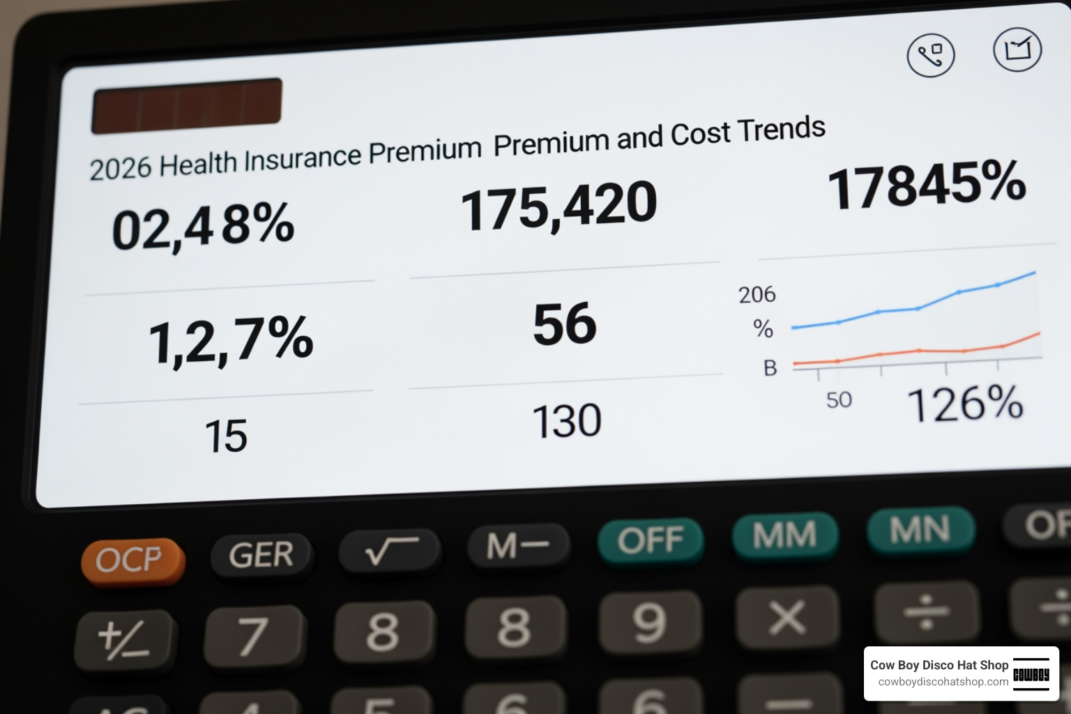 Digital calculator displaying 2026 health insurance premium increases and cost trends