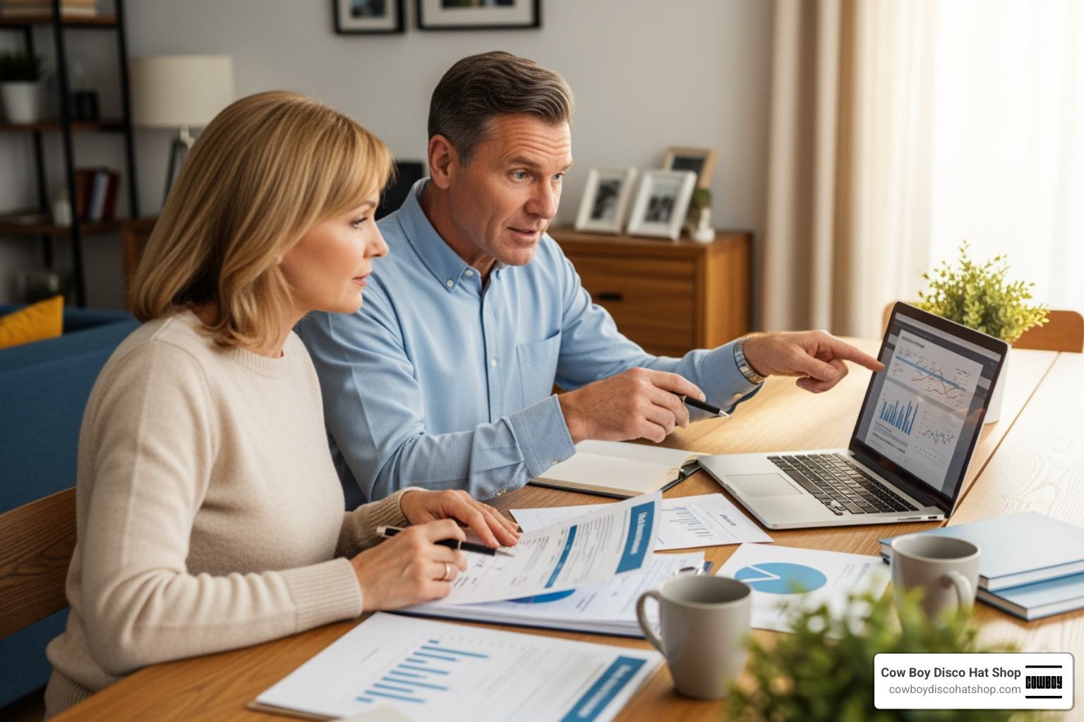 A couple sitting at a wooden table discussing their 2026 financial and life insurance plans