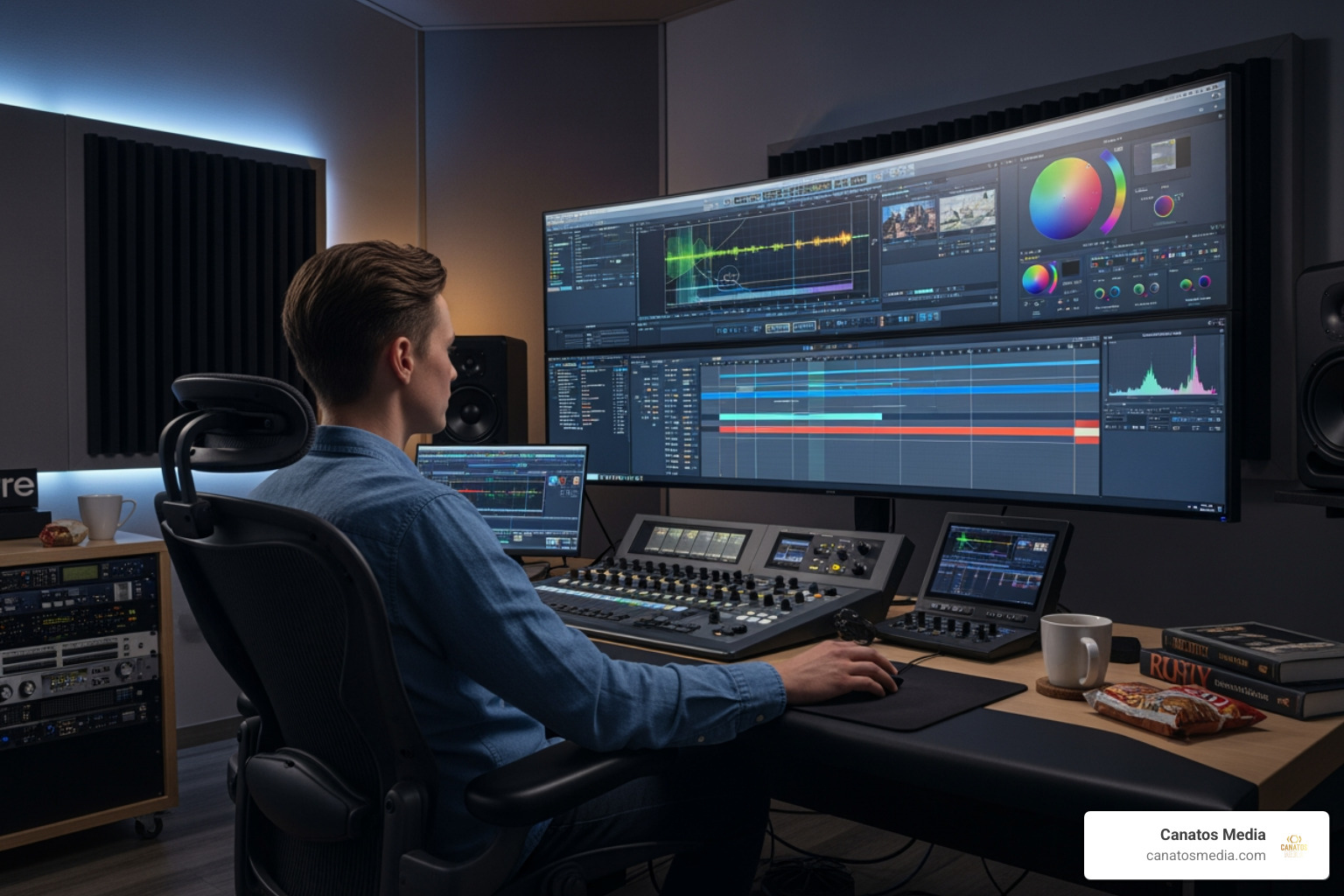 Video editor working on a cinematic timeline with color grading tools