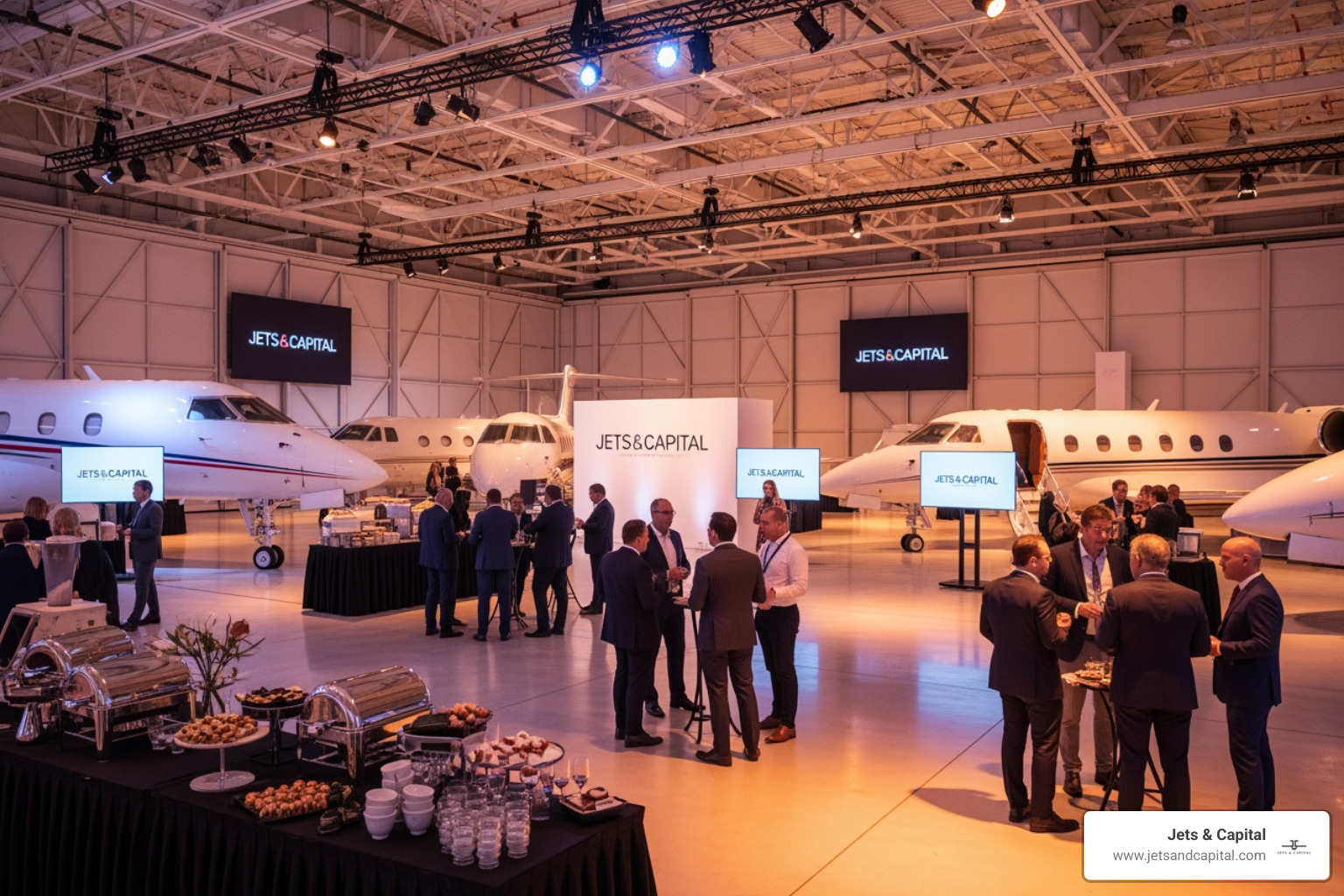 Family office investment summit networking event in private jet hangar with UHNWI guests Family office investment summit networking event in private jet hangar with UHNWI guests