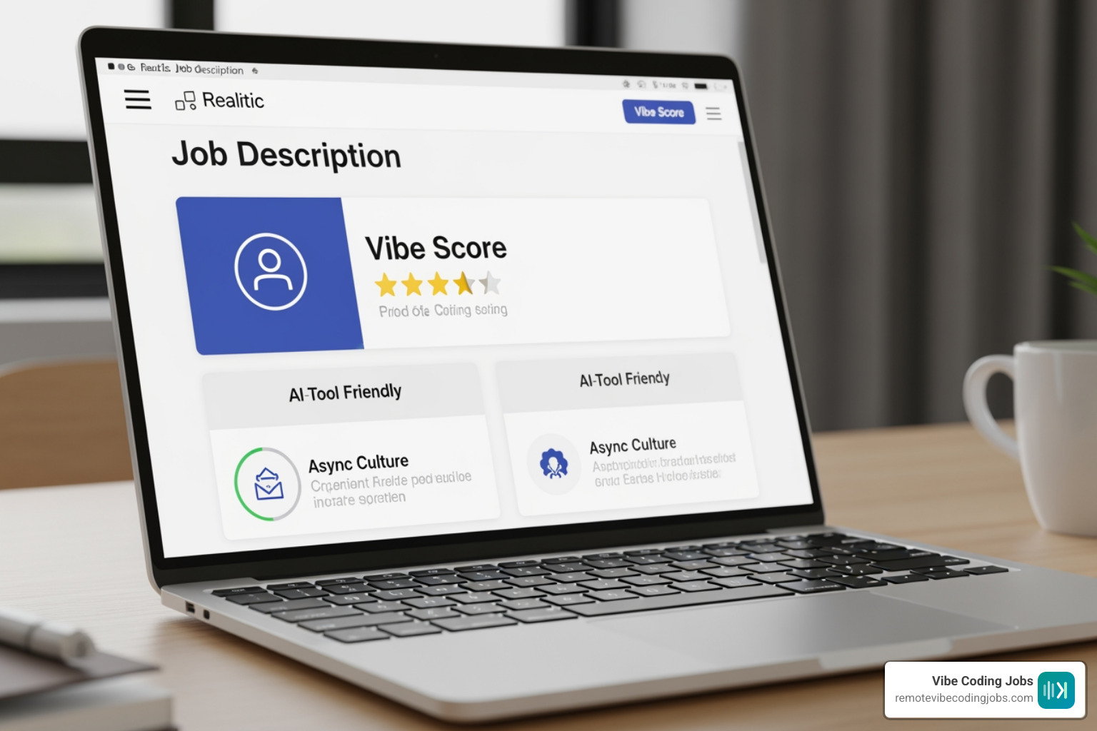 A job description highlighting a "Vibe Score" which rates companies on their AI-tool friendliness and async culture