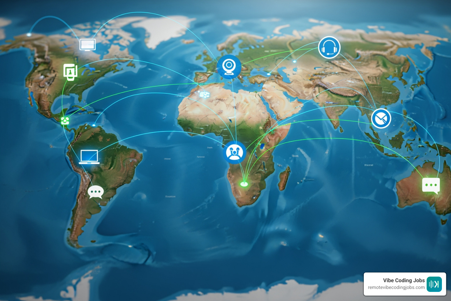 Map showing remote team icons connected globally, representing the borderless nature of async vibe coding roles