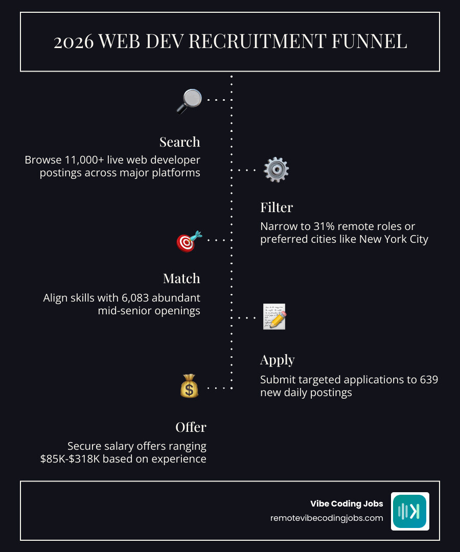 2026 web development recruitment funnel showing platforms, experience levels, salaries, and remote availability infographic