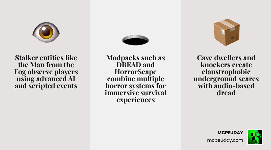 horror mod categories showing Stalkers, Dwellers, Dimensions, and Modpacks with download counts infographic horror mod categories showing Stalkers, Dwellers, Dimensions, and Modpacks with download counts infographic