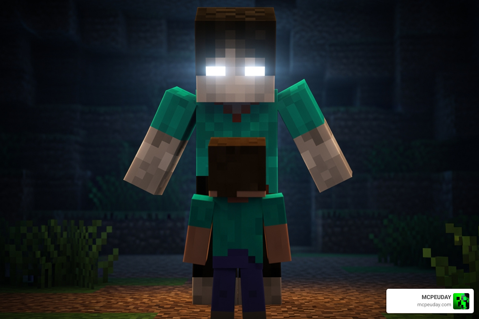 Herobrine standing behind a player in Minecraft Bedrock Edition Herobrine standing behind a player in Minecraft Bedrock Edition