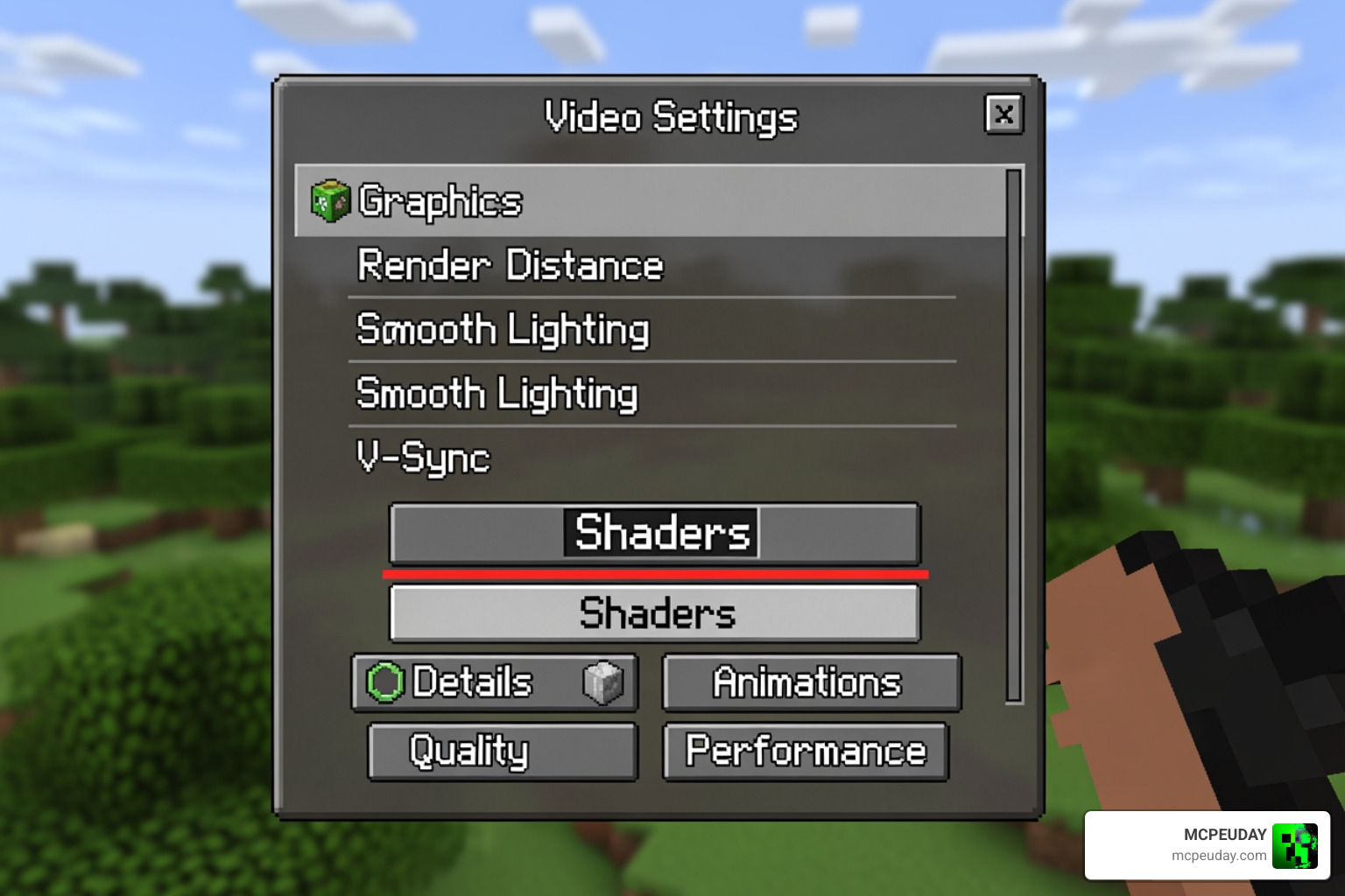 Java Edition Video Settings menu showing the Shaders button